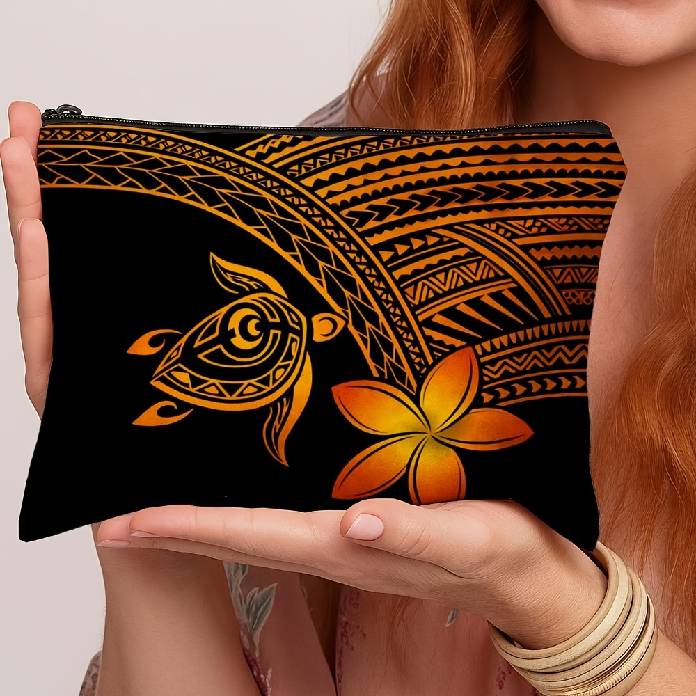 TEMU Polynesian Tribal Style Makeup Bag And Foldable Travel Toiletry Bag, Turtle Pattern Black , Perfect Gift For Lovers On Weddings, Vacations,