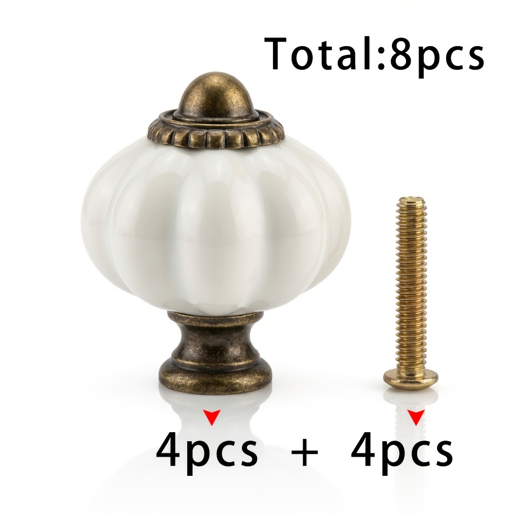 TEMU 4pcs022 Pumpkin-shaped Handles + 4pcs Handle Screws, Totaling 8pcs. Are Vintage-style Iron Handles In A Pumpkin Shape, Finished Antique Bronze