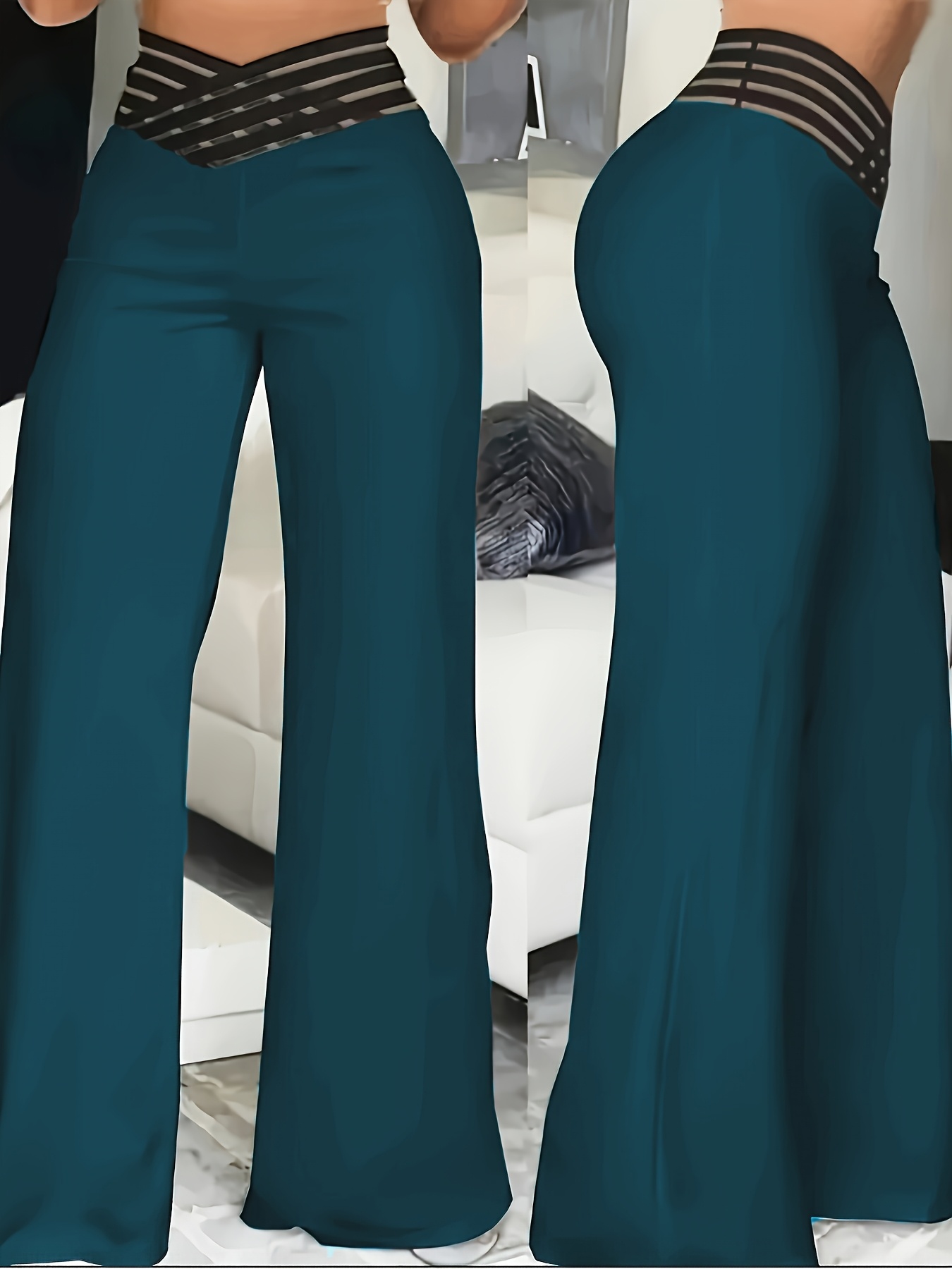 Women's High-Waist Flare Pants with Cross-Front Mesh Detail - Dark Teal, Elegant Bell Bottoms, Machine Washable, All-Season Comfort, Perfect for Casual or Dressy Occasions
