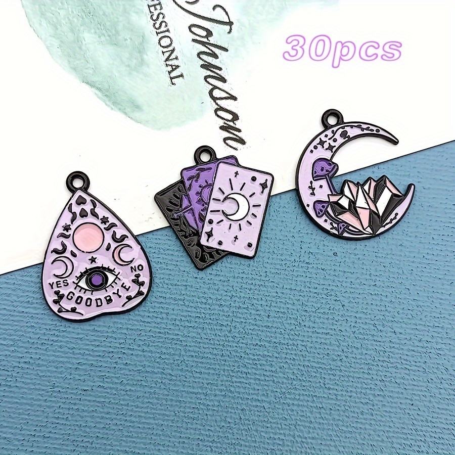 

30pcs Halloween Purple Moon Playing Cards Drop Oil Alloy Pendant, Diy Necklace Bracelet Earrings Key Chain Accessories Accessories Decorative Pendant Supplies