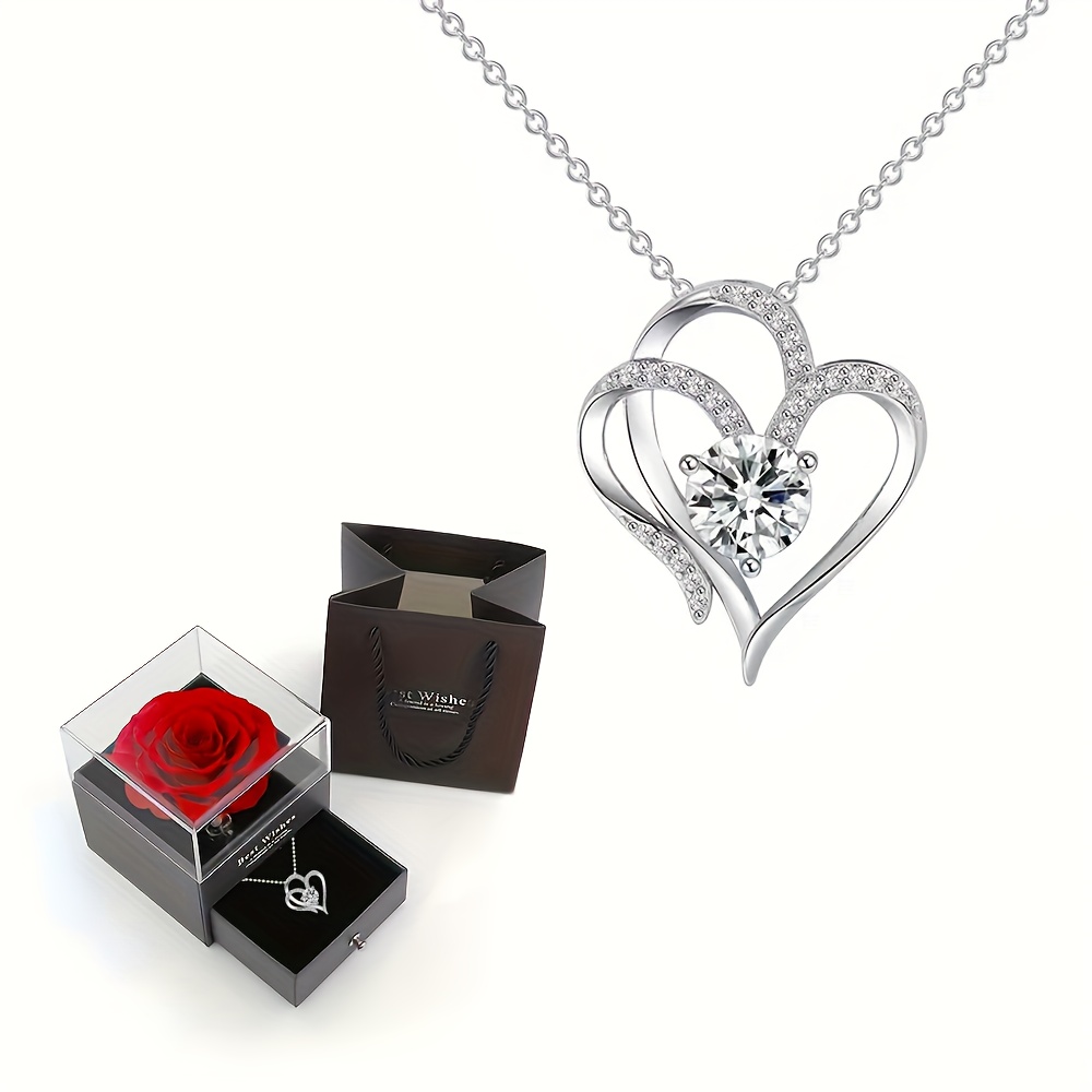 Image of Elegant Heart-shaped Inlaid Zirconia Women's Necklace With Luxury Red Rose Gift Box Christmas Valentine's Day Gift For Girlfriend Wife