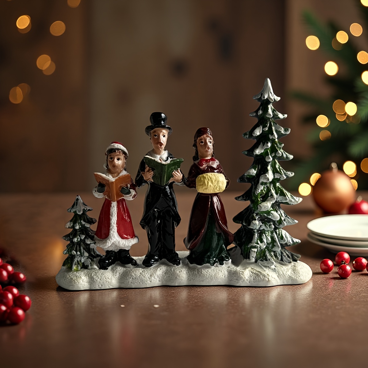 TEMU 1pc Family Of 3 Singing Under The Christmas Tree Statue, Ensemble, Poets By Forest, Pvc Soft Plastic Christmas Decoration