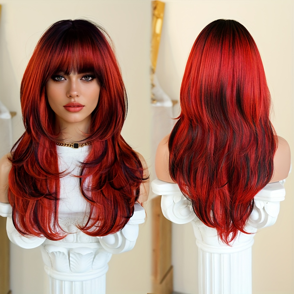 Image of Cosplay Wig Long Straight Ombre Red Wig With Dark Halloween Dress Up Wig High Layered 150% Density Ombre Color Wigs For Women Party Use Heat Resistant Synthetic Wig 24 Inches