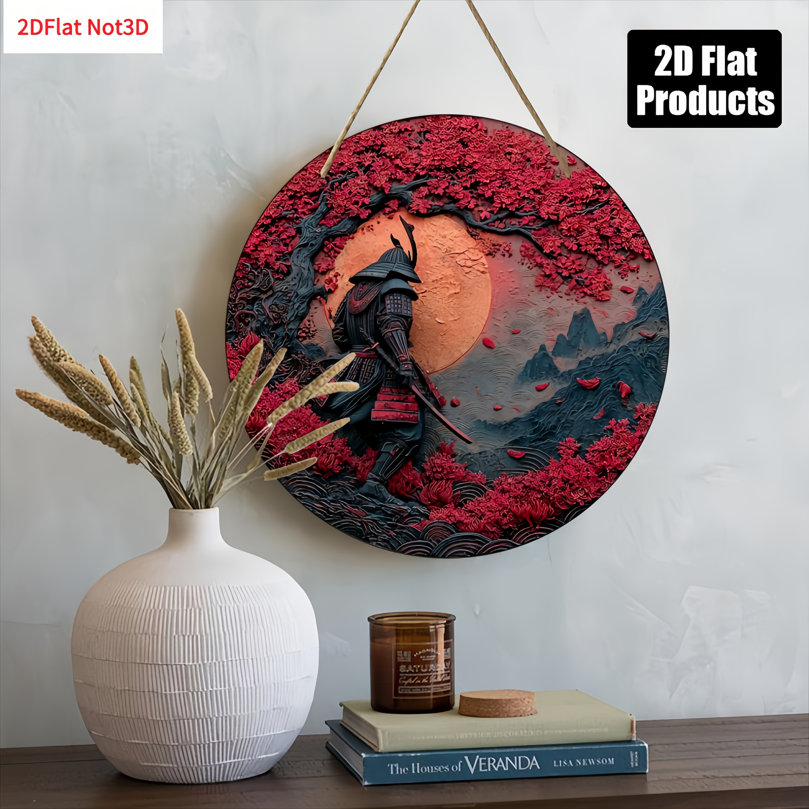 TEMU 2d Flat, 2d Flat Wooden Printed 1pc Vintage Japanese Wall Plaque - Round Artificial Wood Decoration With 2d Printed And Cherry Sunset Design,