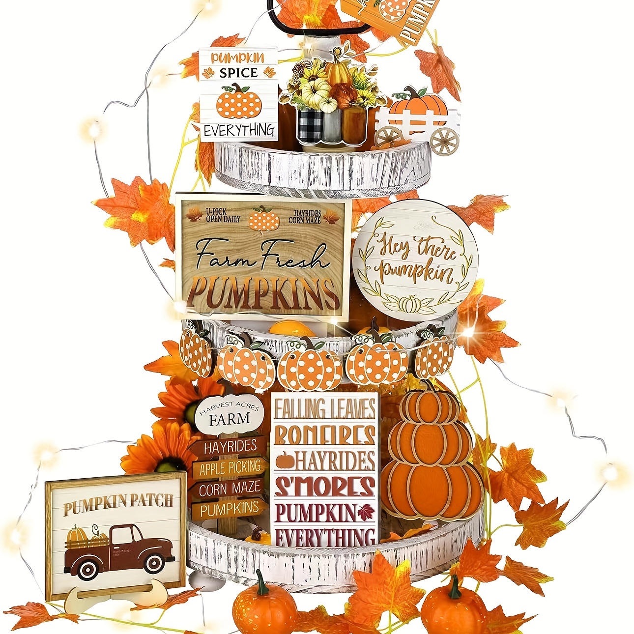 

16-piece Thanksgiving Wooden Tiered Tray Decor Set - Rustic Farmhouse Pumpkin & Truck Designs For Fall, Winter, And Christmas Home Decor Fall Decorations For Home Thanksgiving Decorations For Home