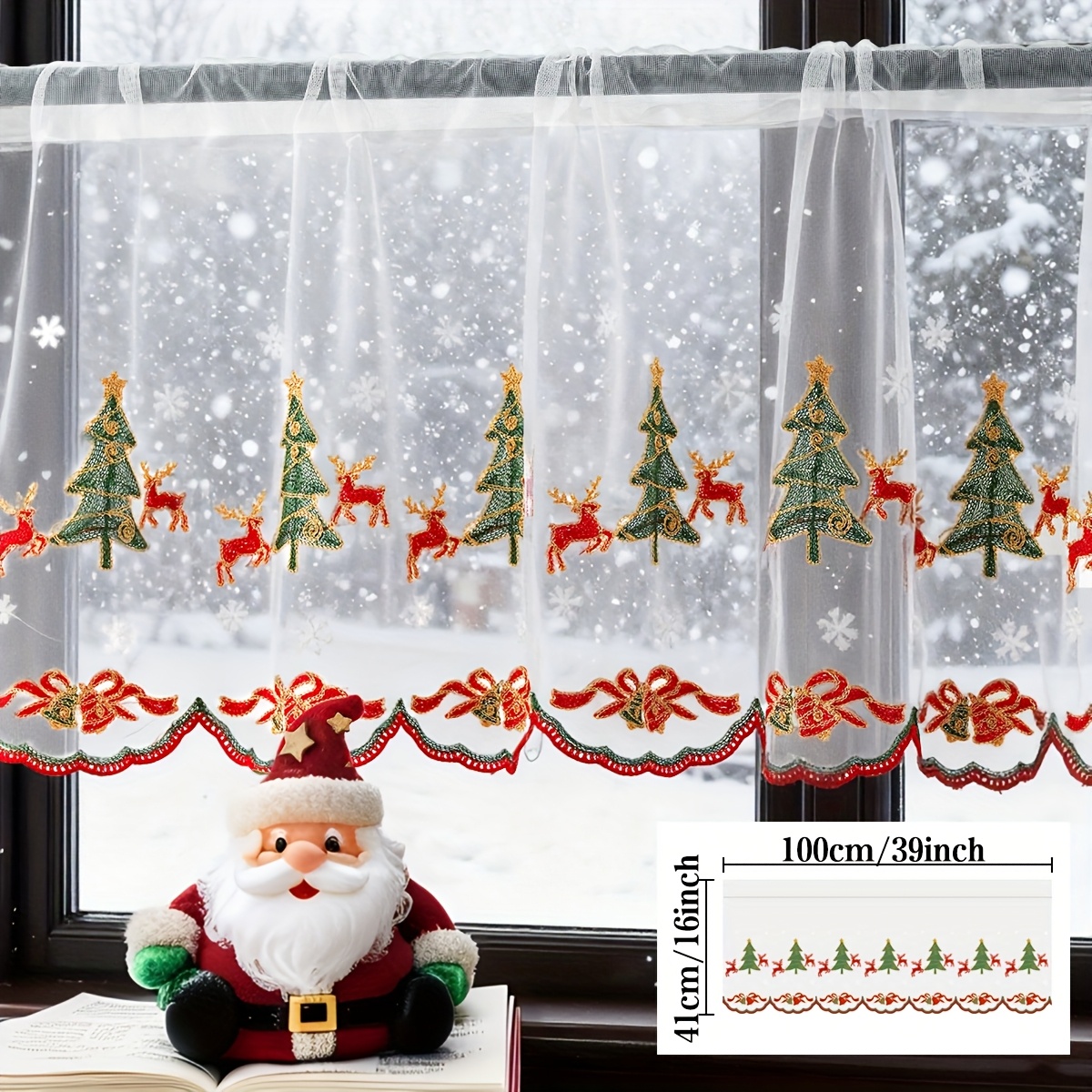 TEMU 1 rideau de Noël transparent brodé avec poche pour tringle pour une installation facile, sapin de Noël, et de neige, idéal pour salle à manger,