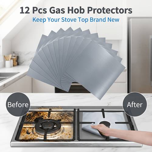 imagen del artículo 12 protectores reutilizables para de gas de 0.12 mm de grosor, protectores de cortables, cubiertas de quemador de cocina resistentes al , utensilios de cocina multiusos y tapetes para parrilla bbq para uso doméstico