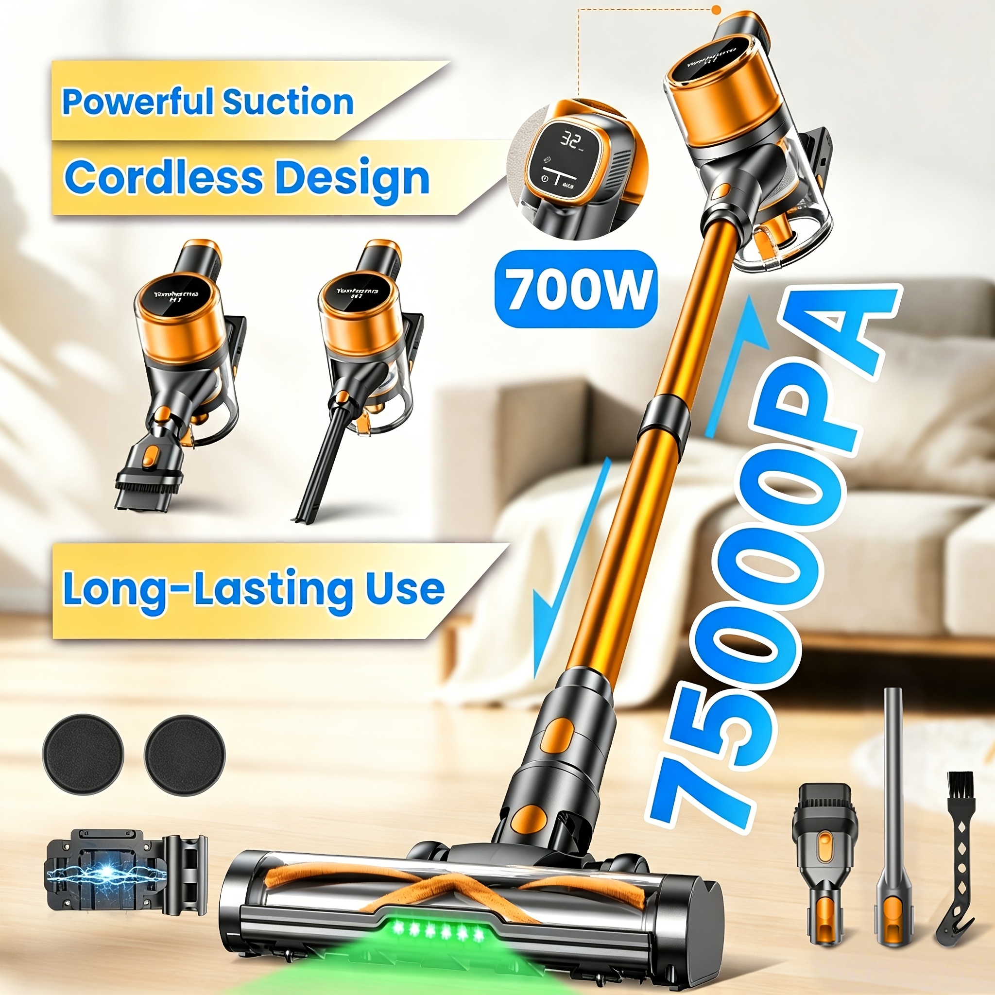 Image of Yanhama Cleaner, 75kpa, 700w Powerful Suction, Up To 50 Long , , Versatile For Multi-surface Floors & Pet Hair, 2026 Option, Purple& Golden