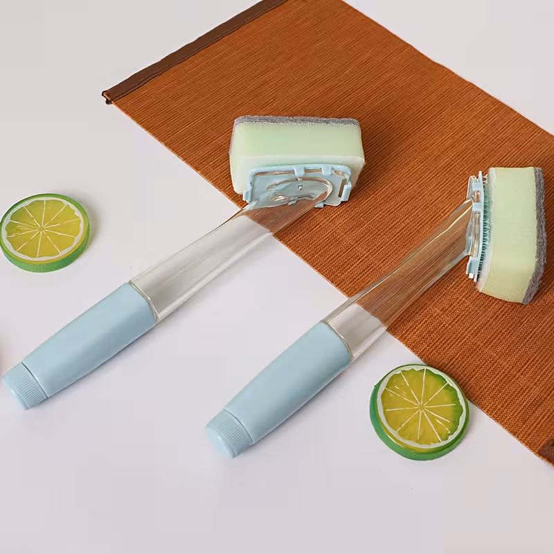 one handle with four sponge replacement heads a long handled sponge brush with interchangeable sponge heads a versatile cleaning tool for kitchen utensils water bottles and bathrooms a durable essential for household cleaning Product details 3