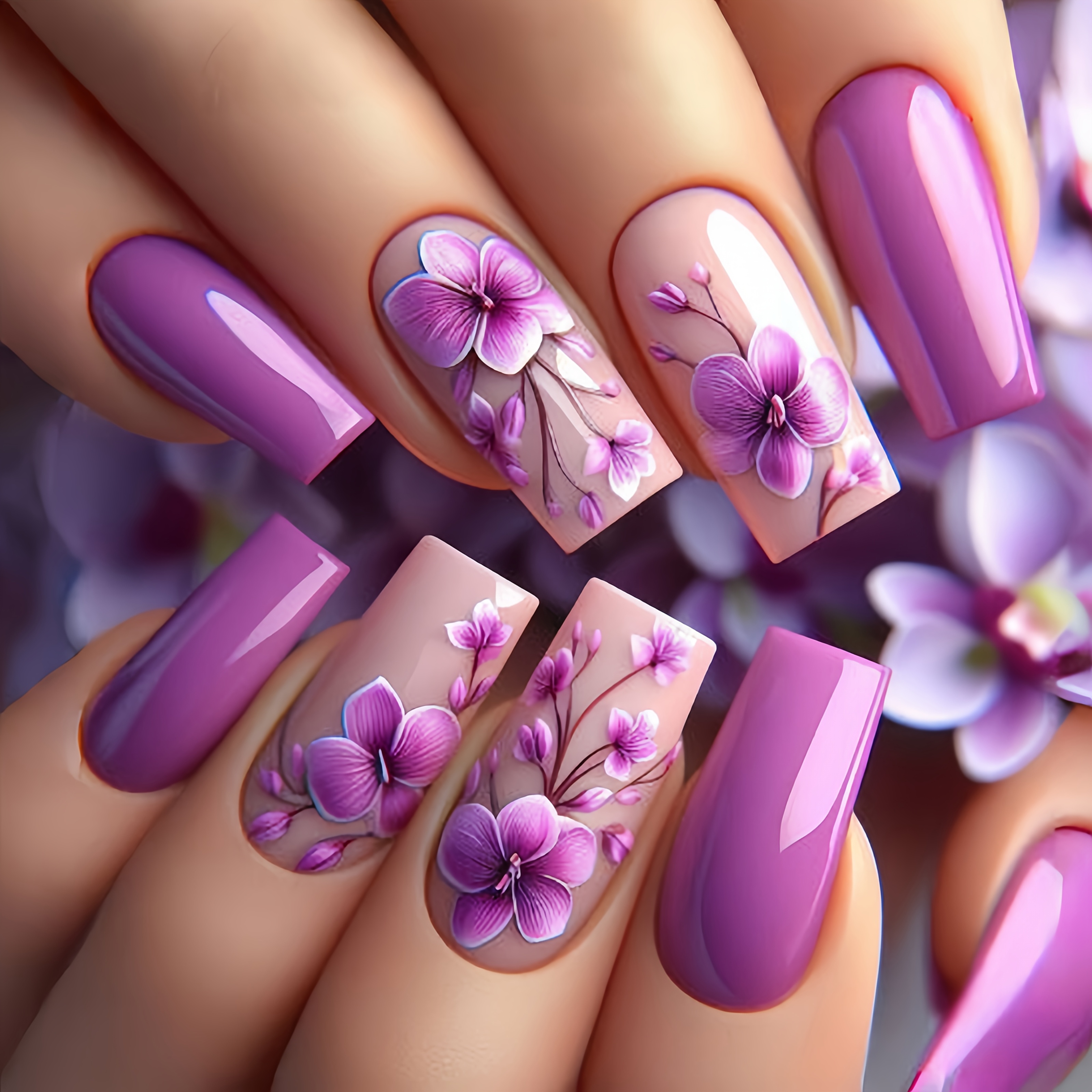 

24pcs Elegant Purple Floral Press-on Nails Set - Ballet-shaped, Medium Length With Designs, Easy To Apply & Remove, Spring/summer Fashion, Flower Decoration