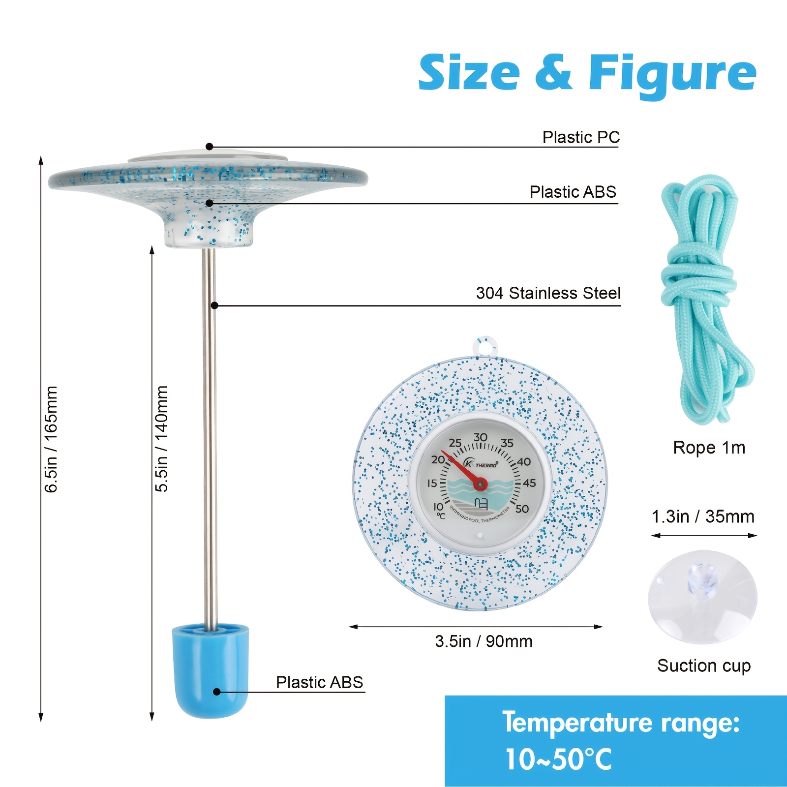 Image of Floating Pool Thermometer With Large Dial, 304 Stainless Steel Probe, Rope & Suction Cup - Battery Free, Accurate Water Temperature For Swimming Pool, Spa, Hot Tub, Aquarium