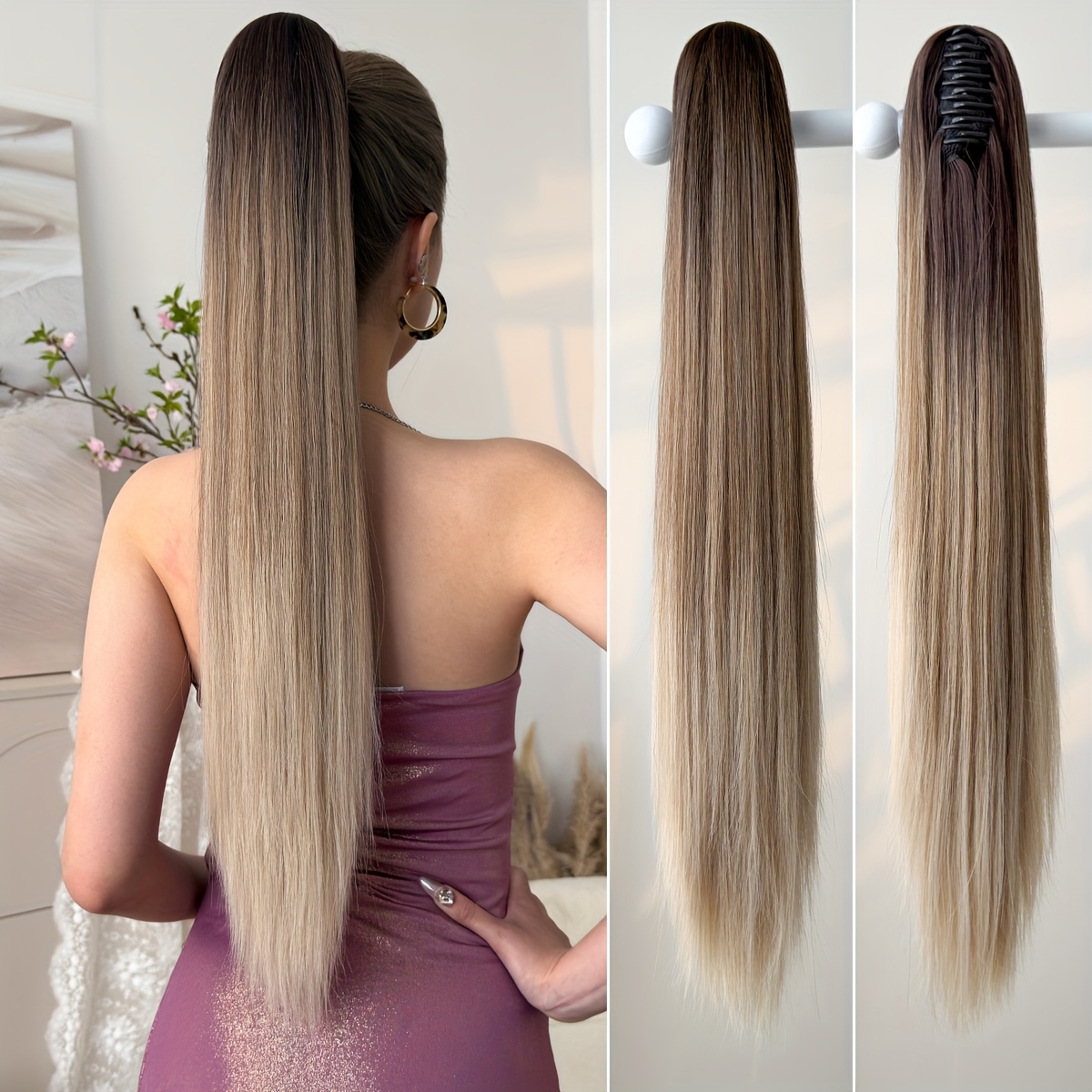 TEMU 26" Heat-resistant Synthetic Hair Patch - Ombre Color Claw Ponytail With Brown To Blonde Gradient, Straight Long Hair Extension For Women, Daily