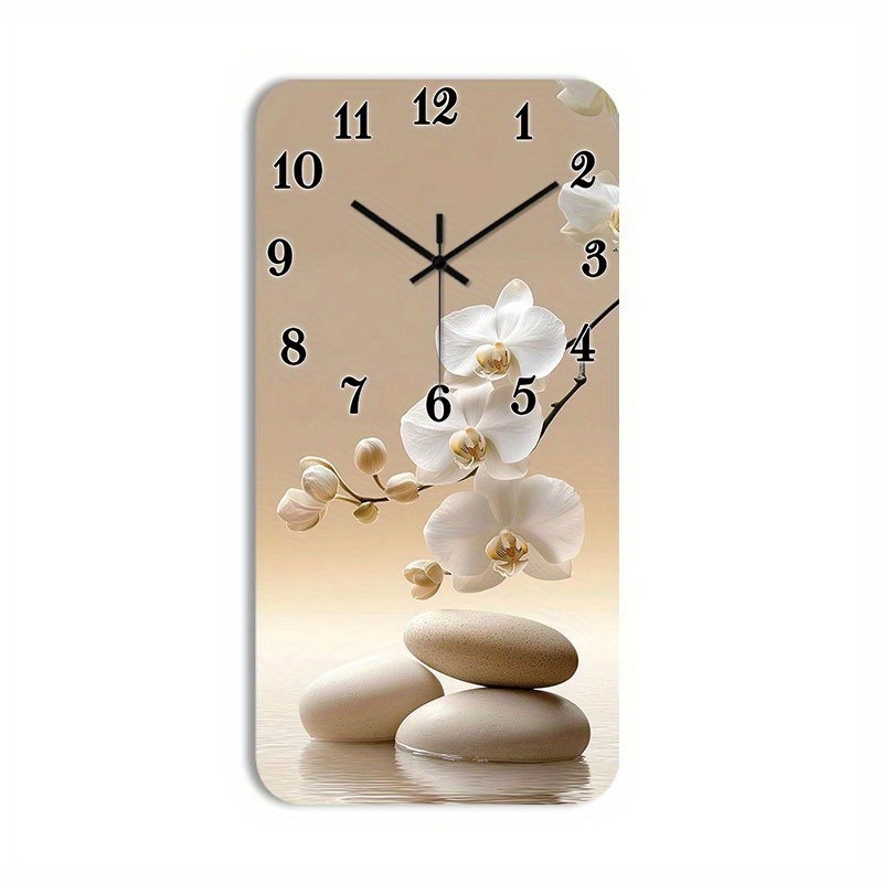 TEMU () 1pc Silent Wall Clock Non-ticking Wooden, Decorative Rectangular Clock Hd Glossy Lamination Finish Zen-inspired Floral Arrangement With
