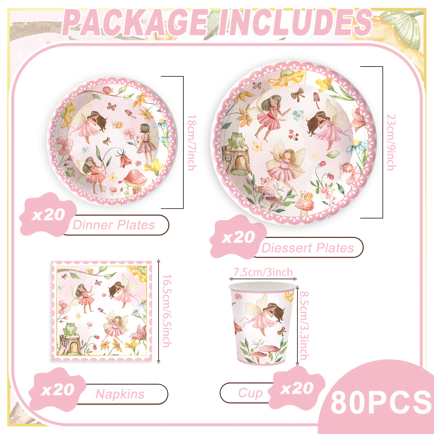 60/80pcs Fairy-themed Party Tableware Set, Includes Paper Plates, Napkins, Cups, Suitable For Shower, Birthday Parties, Party Supplies, Holiday Decorations, Party Packs I Perfect For Halloween
