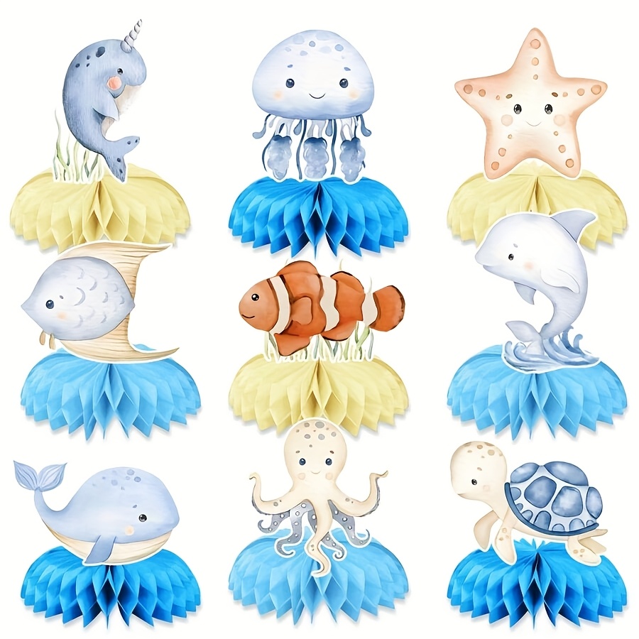 Image of Set Of 9 Honeycomb Decorations Featuring Ocean Animals, Perfect For Baptism Celebrations And -themed Parties. Ideal For Decorating Tables At Ocean-themed Birthday Parties