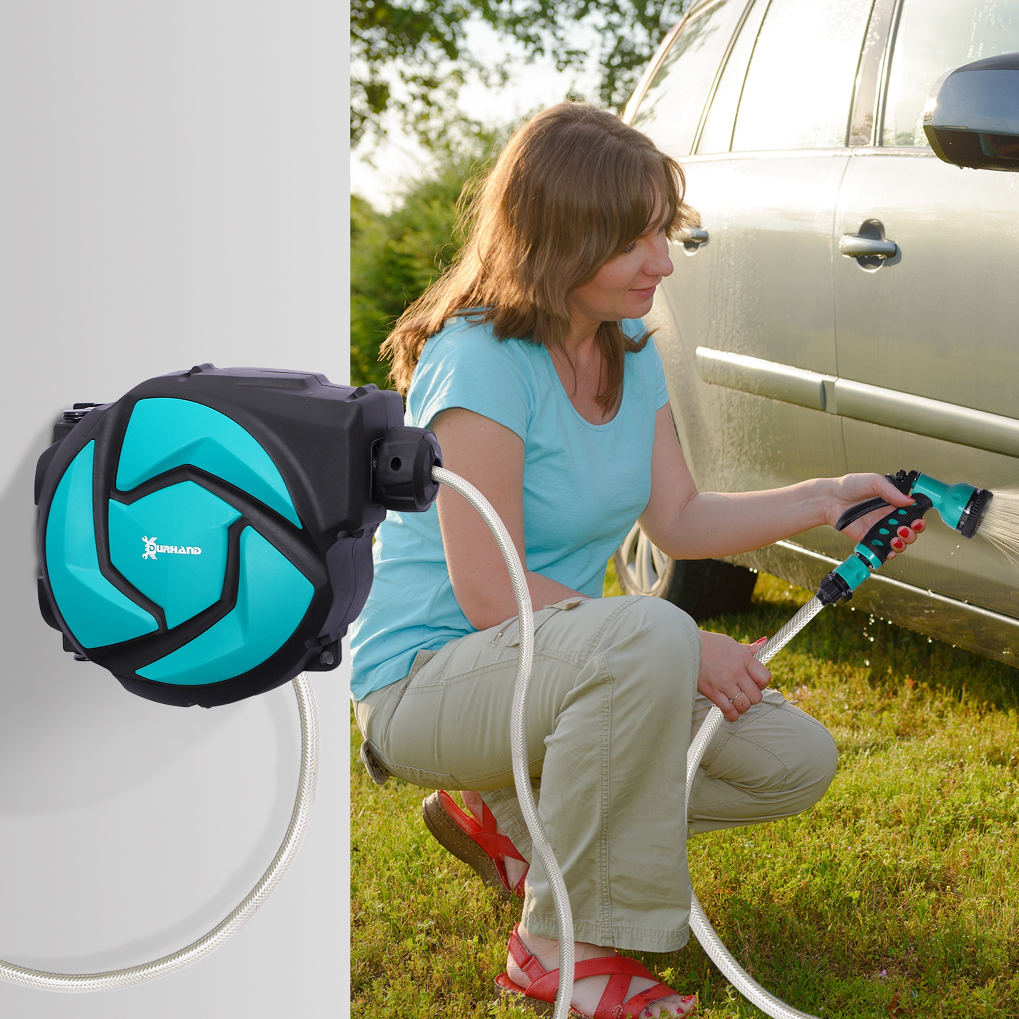TEMU Durhand Heavy-duty 10m/33ft Turquoise & Black Retractable Water Hose Reel With Locking System, Auto- Sprayer For Garden, Patio, Car Washing -