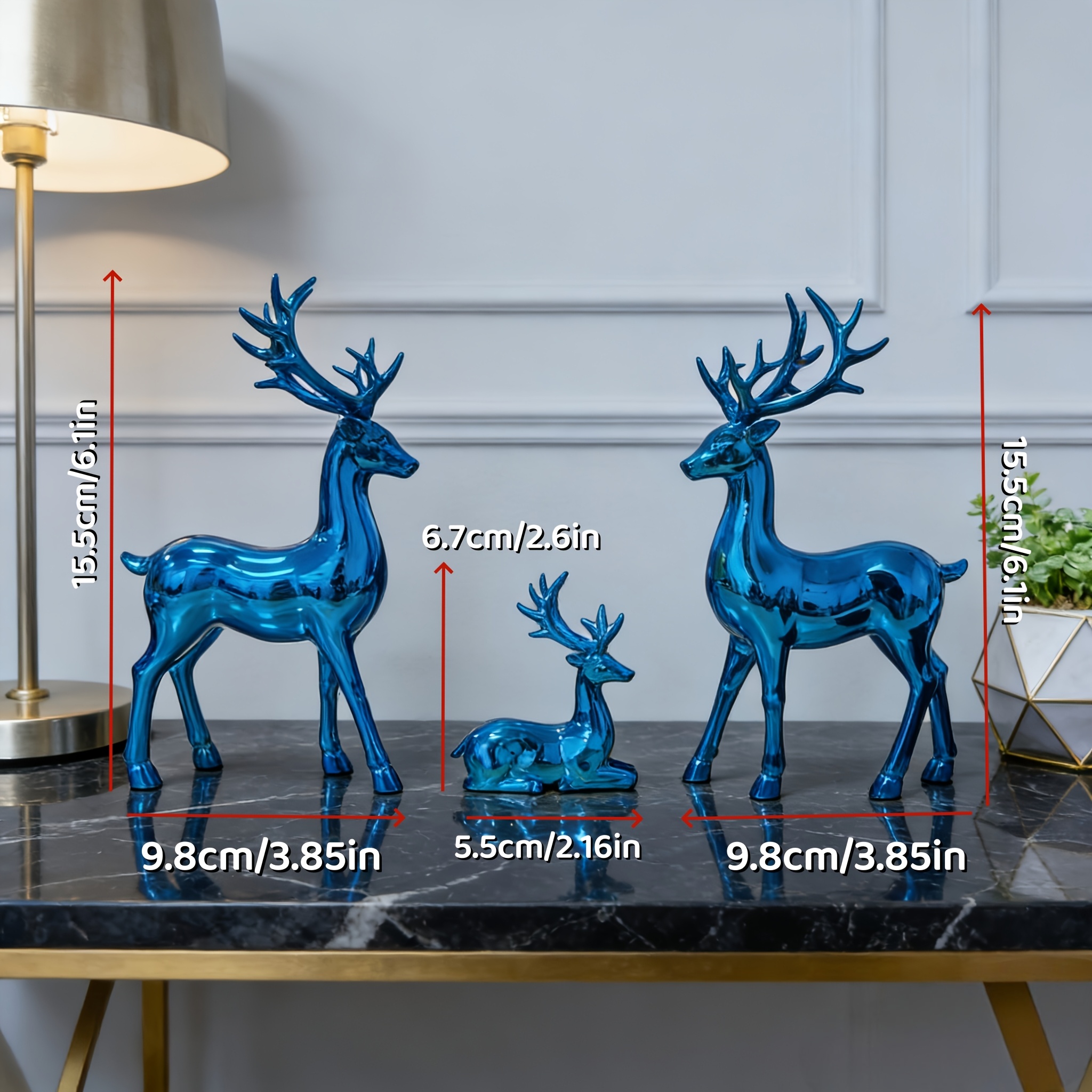 TEMU Gemstone Blue Reindeer Sculpture Set Of 3 | Light Luxury Texture Nordic Style Modern Simple Study, Bedroom, Bookshelf, And Drift Window