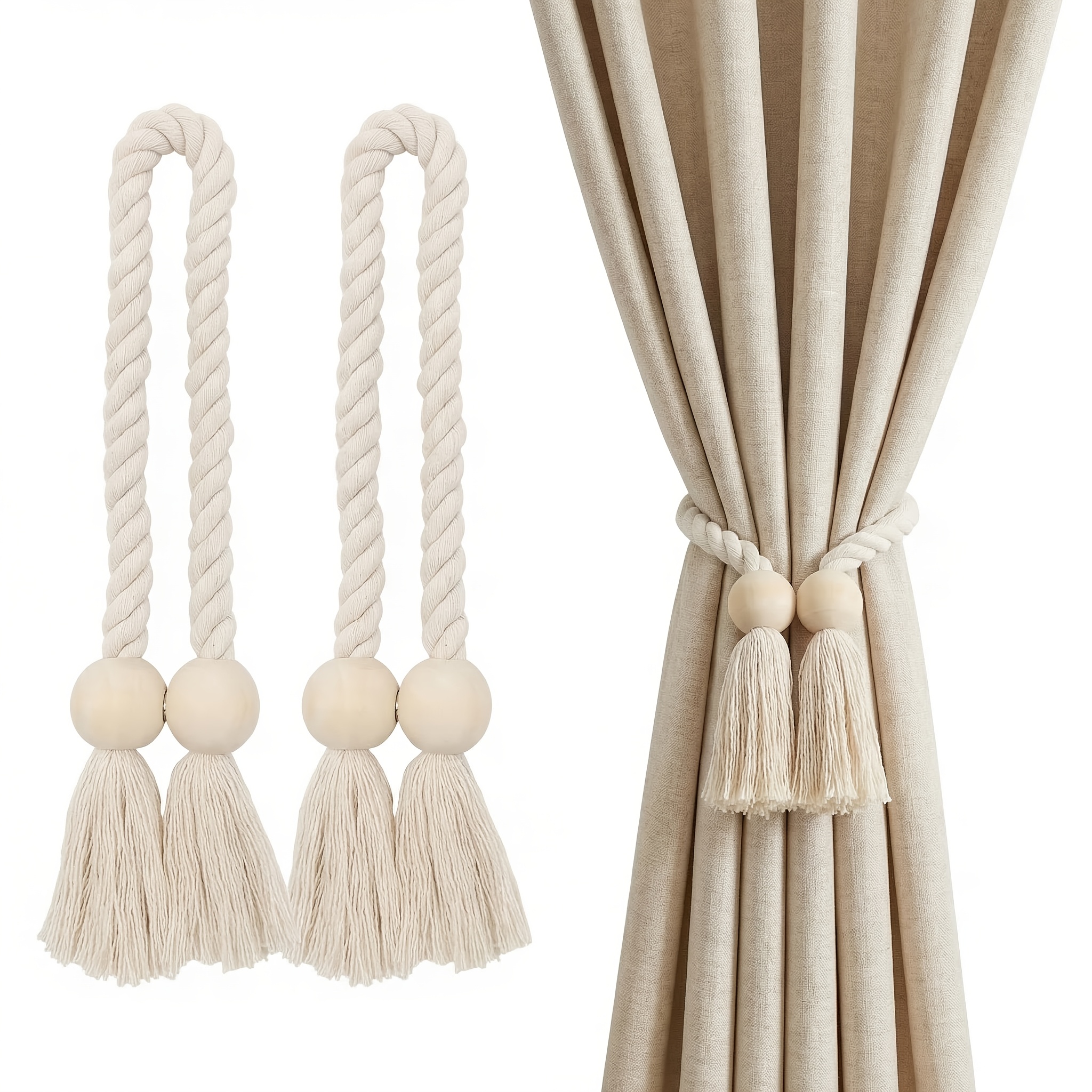 2pcs of Bohemian Style Magnetic Curtain Laces with Wooden Beads-including Hand-woven Ropes, Geometric and Round Beads, Suitable for Elegant Living Room and Bedroom Decoration, and the Magnetic Curtain Frame Is Decorated with Natural Materials.