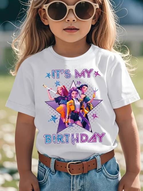 fashionable birthday cartoon print short sleeved t shirt for girls style soft and comfortable summer a stylish look affordable for girls