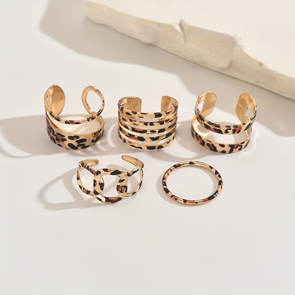 TEMU 5pcs Set Vintage Personality Trendy Versatile Line Leopard Print Stacking Rings