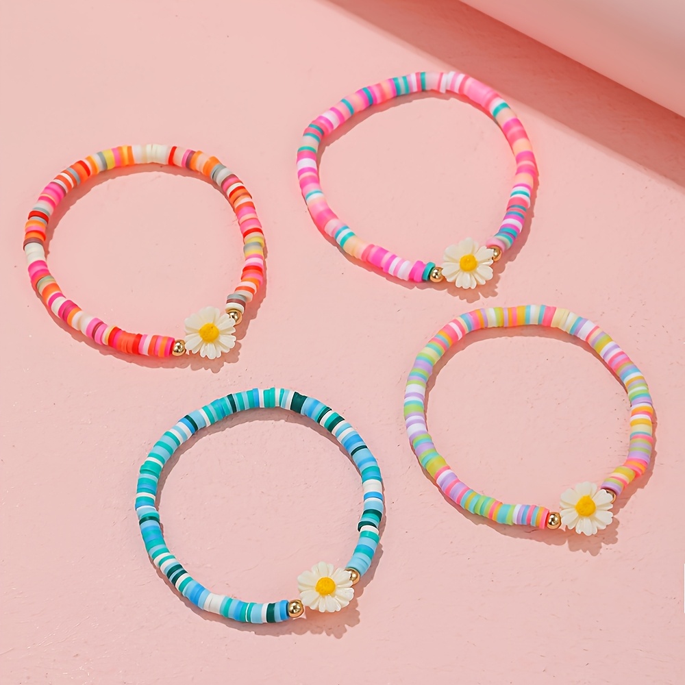 TEMU Set Of 4 Adorable Daisy Flower Polymer Clay Stretch Bracelets For Girls, Trendy Jewelry For Kids, Great Birthday Presents & Best Friend Festival