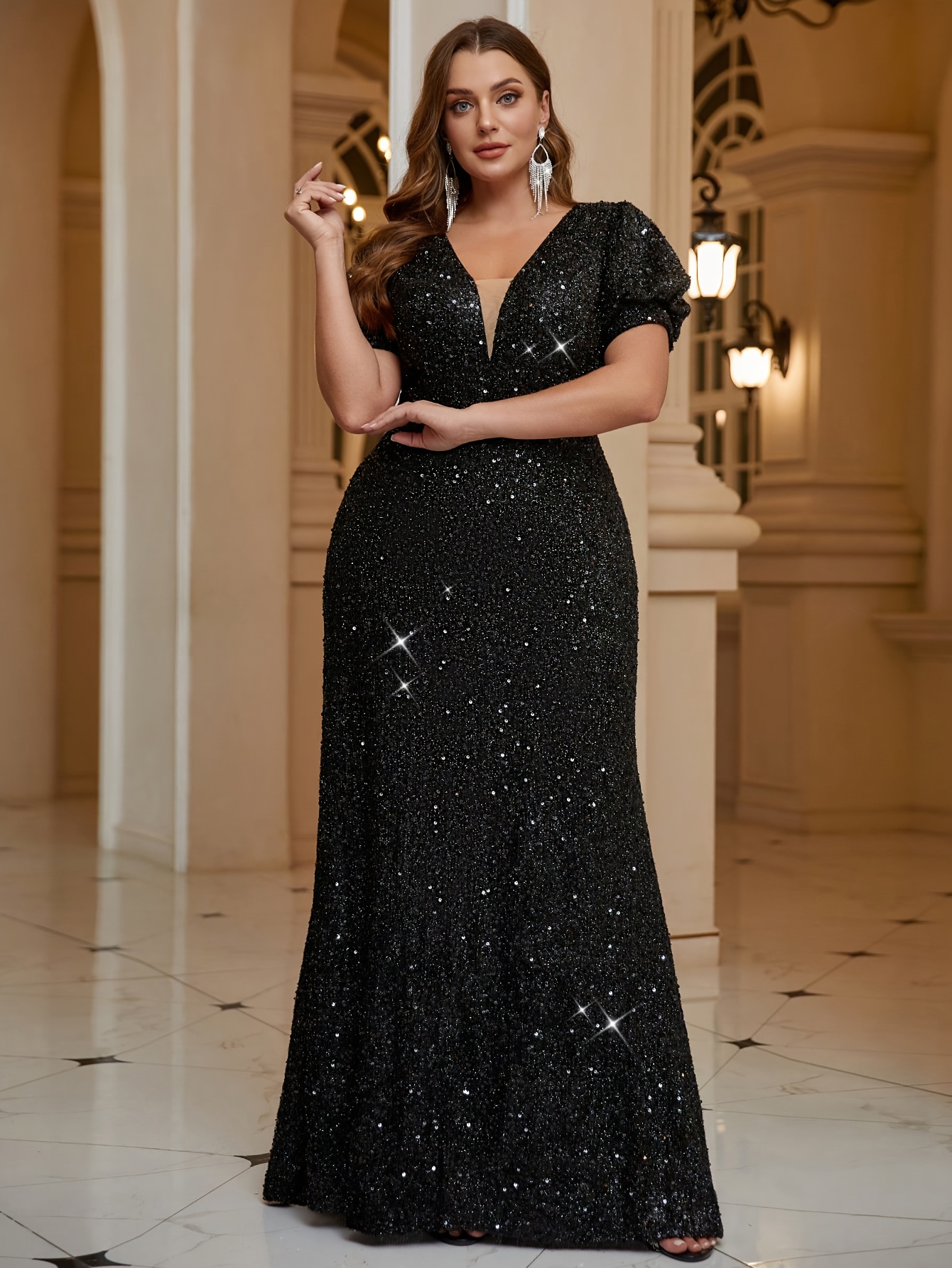 stijlvolle zwarte pailletten avondjurk met v hals en korte Temu