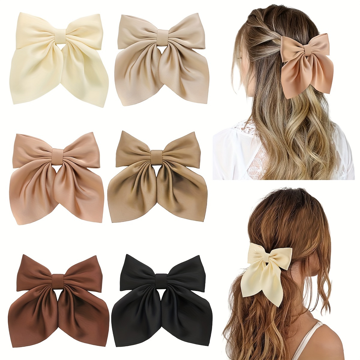 

6pcs Of Elegant Satin Bow Hair Clips In The Color Scheme, Sweet Fabric Bows, Clips, Suitable For Half-up Ponytails And Updos.