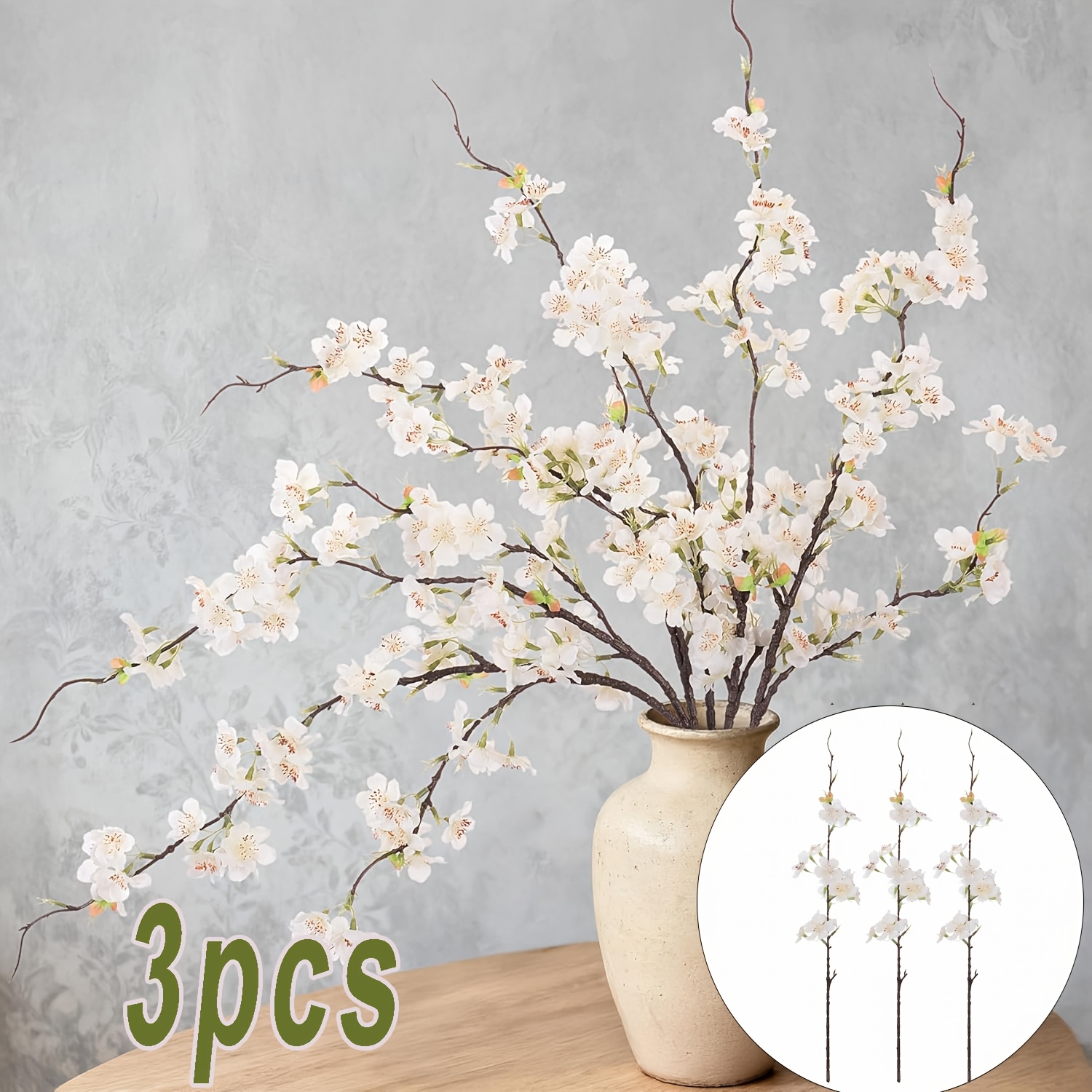 3pcs Faux Cherry Branches Decor Fake Artificial Cherry Flowers For Home Indoor Decoration Vase Arrangement Table Living Room Bedroom Spring Decor