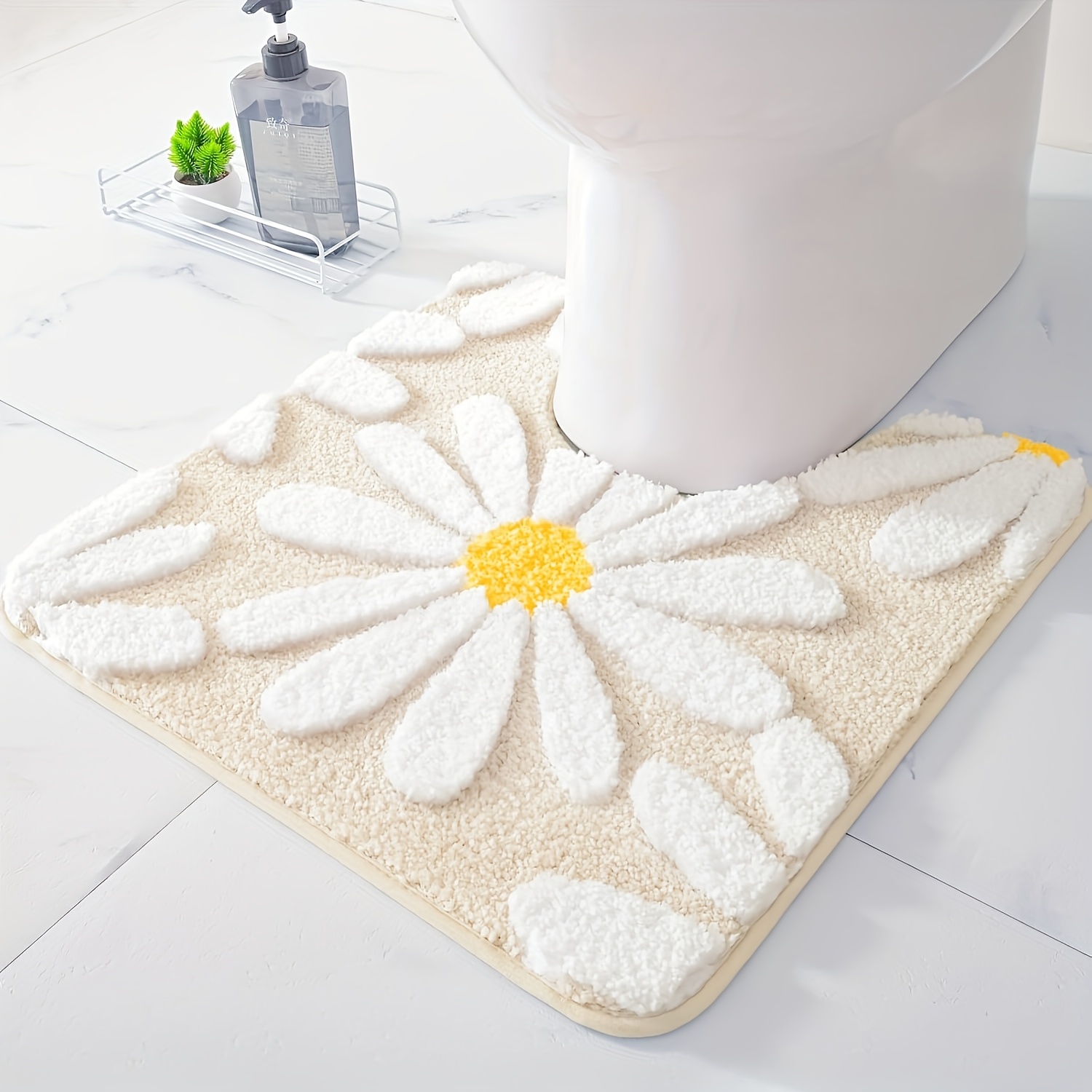 

[1pc Cute U-shaped Bathroom Mat] 1pc U-shaped Bathroom Mat, Cute Daisy Contour Design, Washable Toilet Rug, Non-slip Polyester Bath Mat With Woven Fabric And Polyester Backing, 2cm, 2gsm