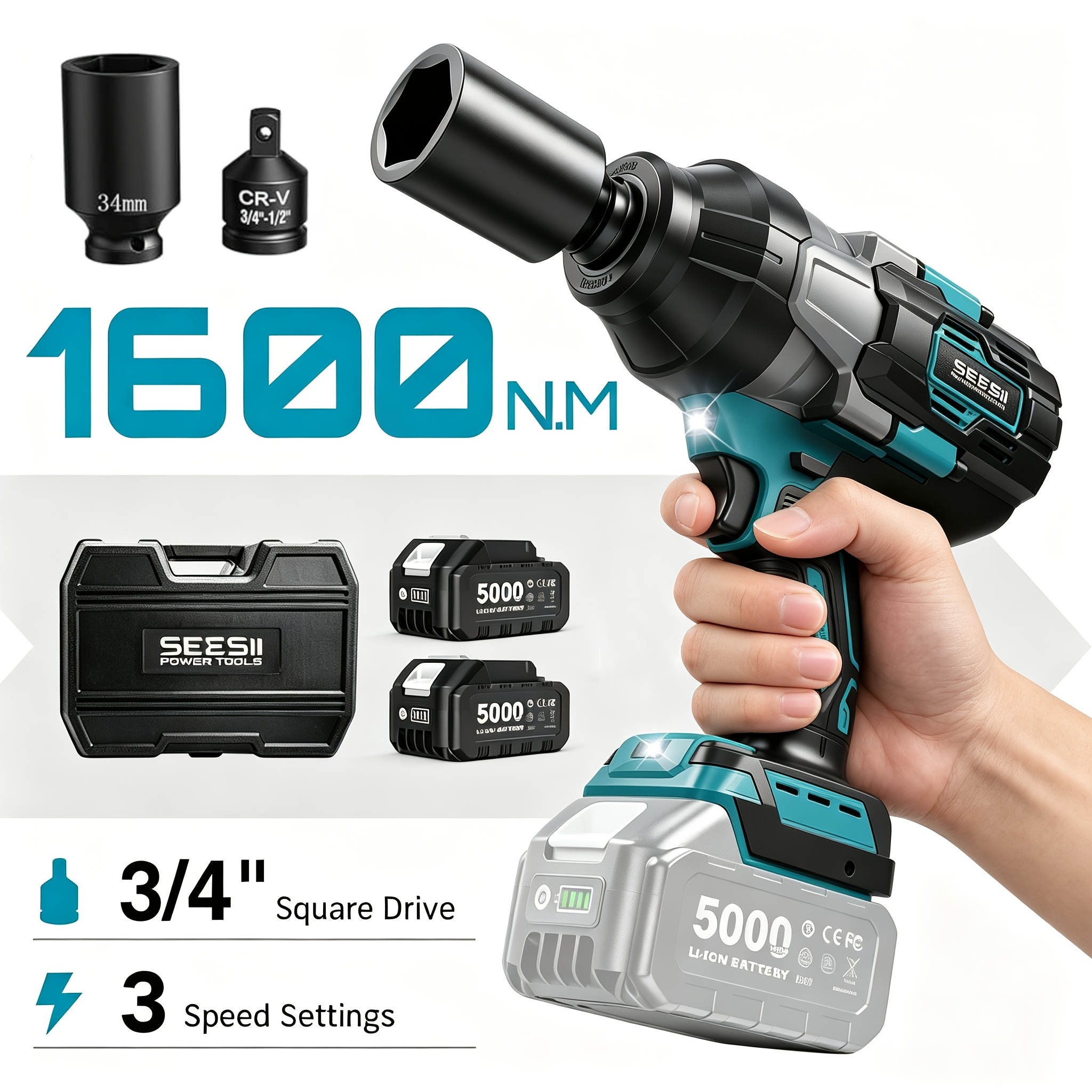 Image of Seesii 1600 N.m Cordless Impact Wrench, 3/4'' Brushless Impact Gun With 2x 5000mah Batteries, 3-speed, 3/4'' To 1/2'' Adapter And 34mm Socket, For Truck, Heavy Equipment And Auto Repair