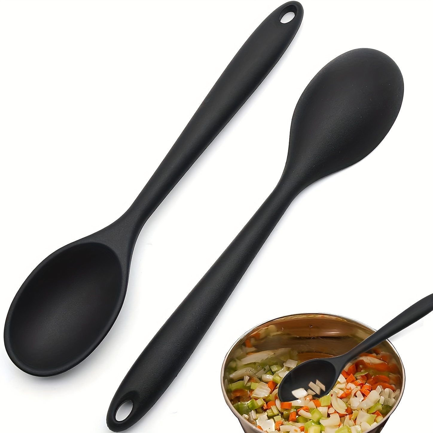 

2pcs, Non-stick Silicone Spoons, Cooking Spoons, Silicone, Heat Resistant, Long Handle, Kitchen Spoon, Kitchen Baking, Stirring Tools, Bpa-free For Cooking Utensils, Mixing Scoops, Serving Spoon