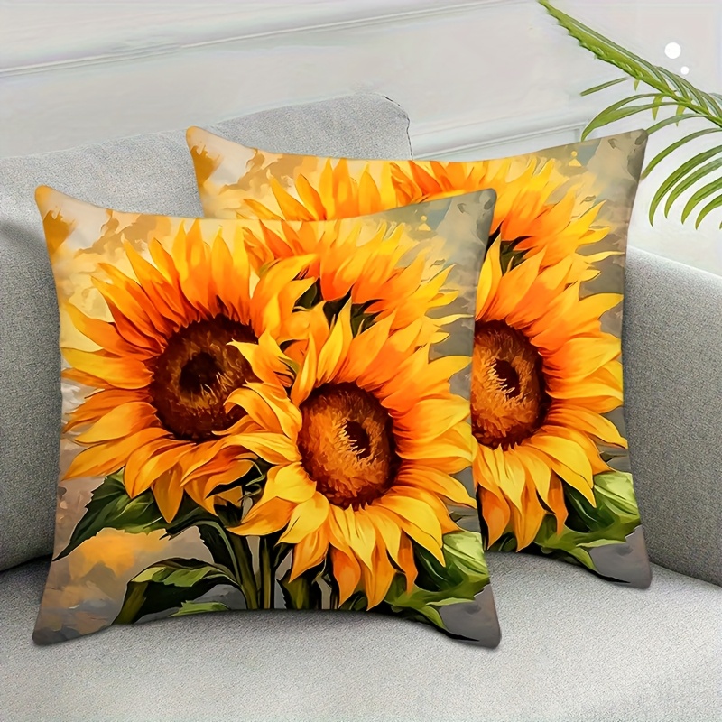 TEMU 2pcs Sunflower Pattern Pillow Covers, Art Oil Painting Style, 100% Polyester, Double Sided Print, Zipper Closure, Machine Washable, Decorative
