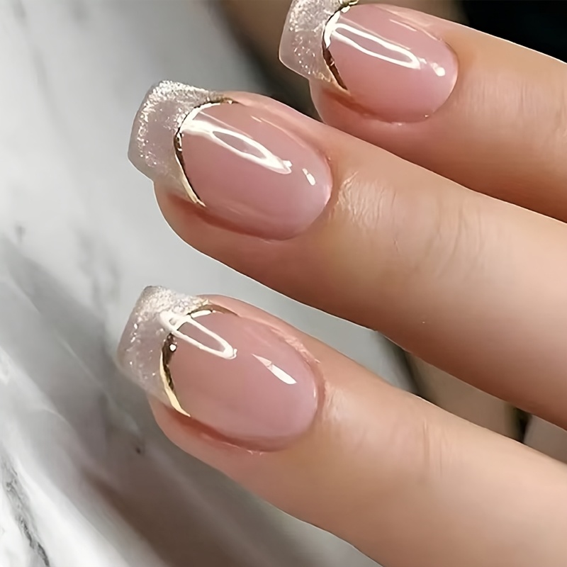 TEMU Short False Nails 24pcs Square Press-on Nails Kit, French Tip Gradient Glossy Women's Fake Nails, Daily-life Reusable