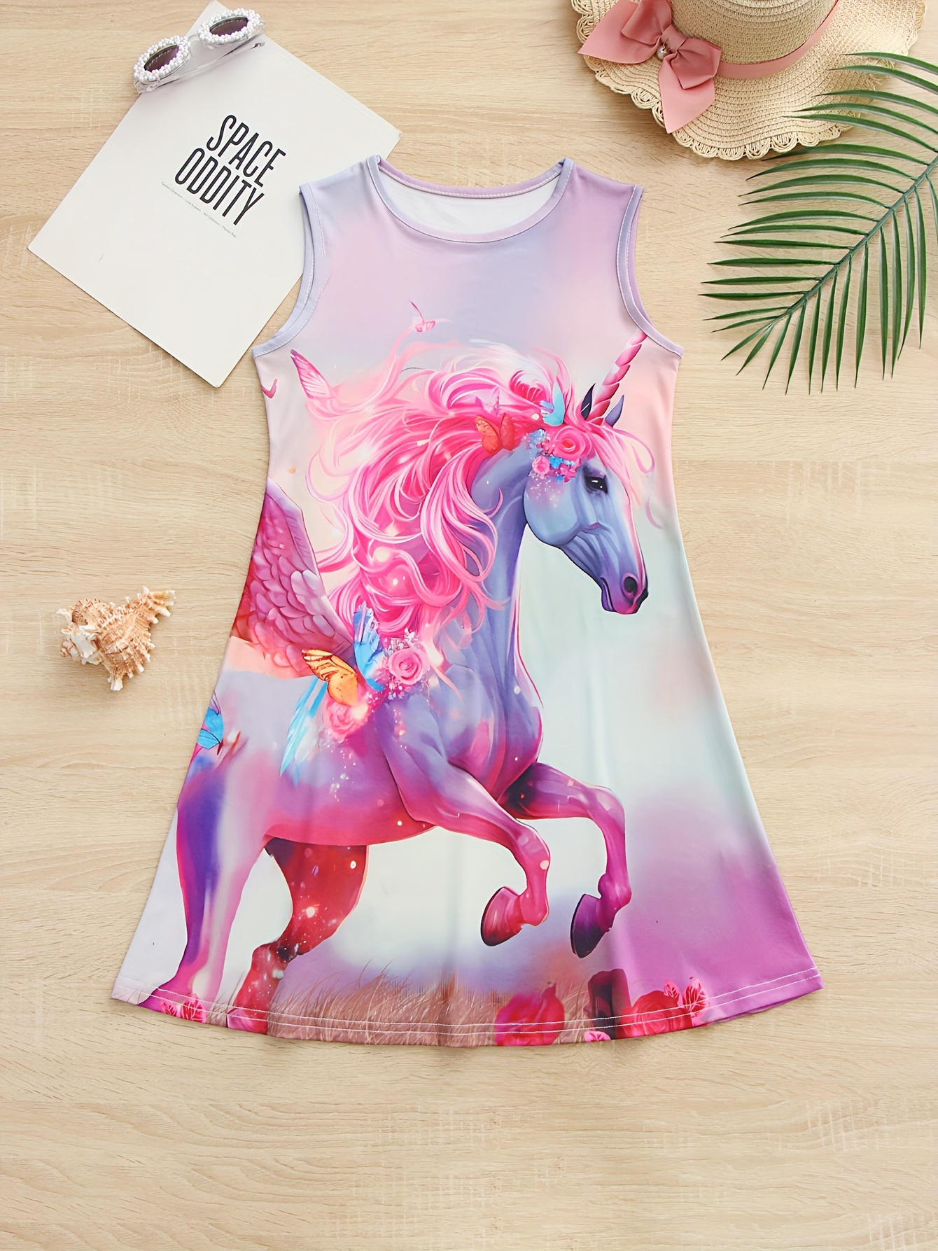 女の子用ユニコーンプリントノースリーブドレス カジュアルな夏用  