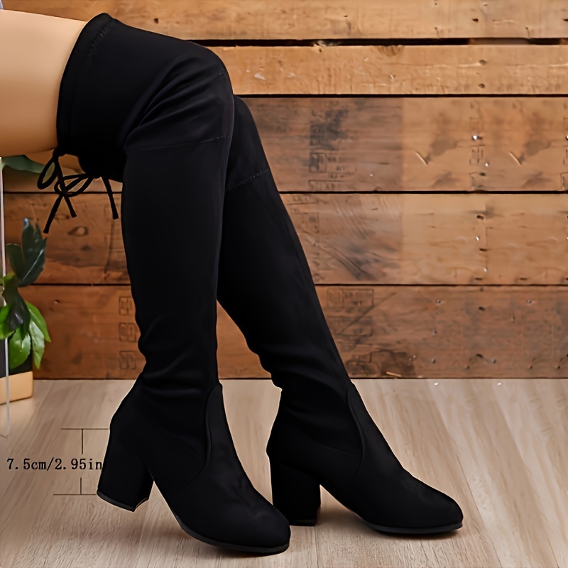 

Elegant Over-the-knee Boots For Women - Solid Color Stretchy Thigh-high Boots With Back Tie, Pointed Toe, Block Heel, Fabric Material & Rubber Sole For Dress Occasions, All-season Comfort & Style