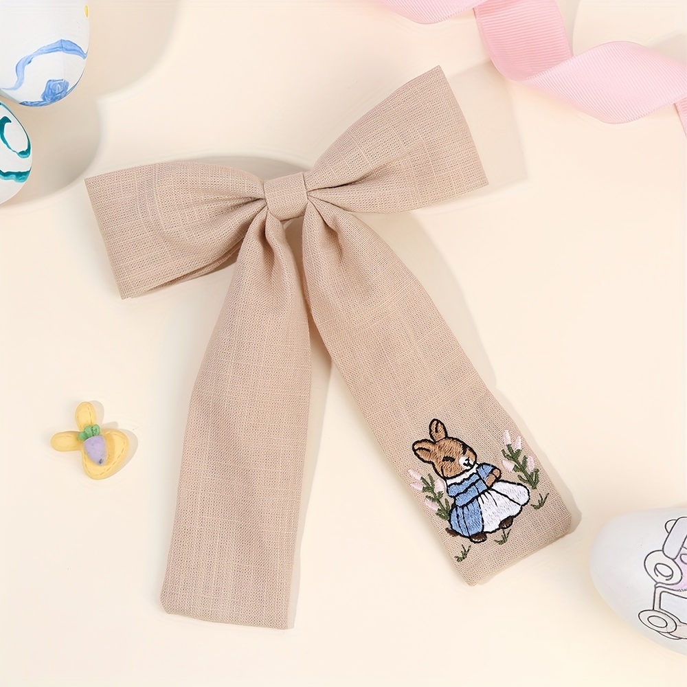 1pc Cute Rabbit Large Bow Hair Clips For Cartoon Flower Embroidery Pattern Bow Hair Clips Fashionable Hair Additions For