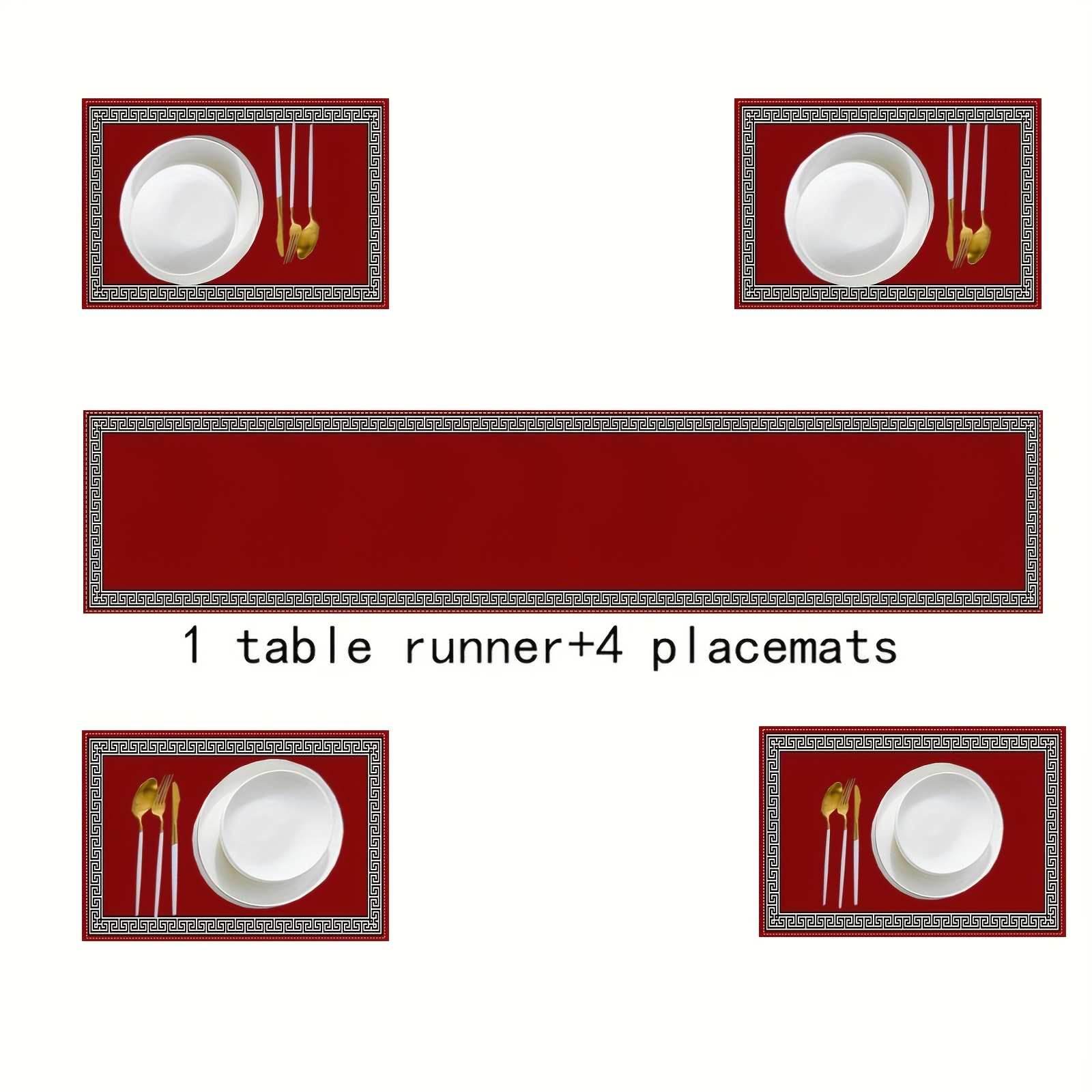 TEMU 5/7pcs Set, Includes Placemats And Table Runners, Geometric Greek Tablecloth, Red Table Decoration For Seasonal Kitchen Decor, Suitable For