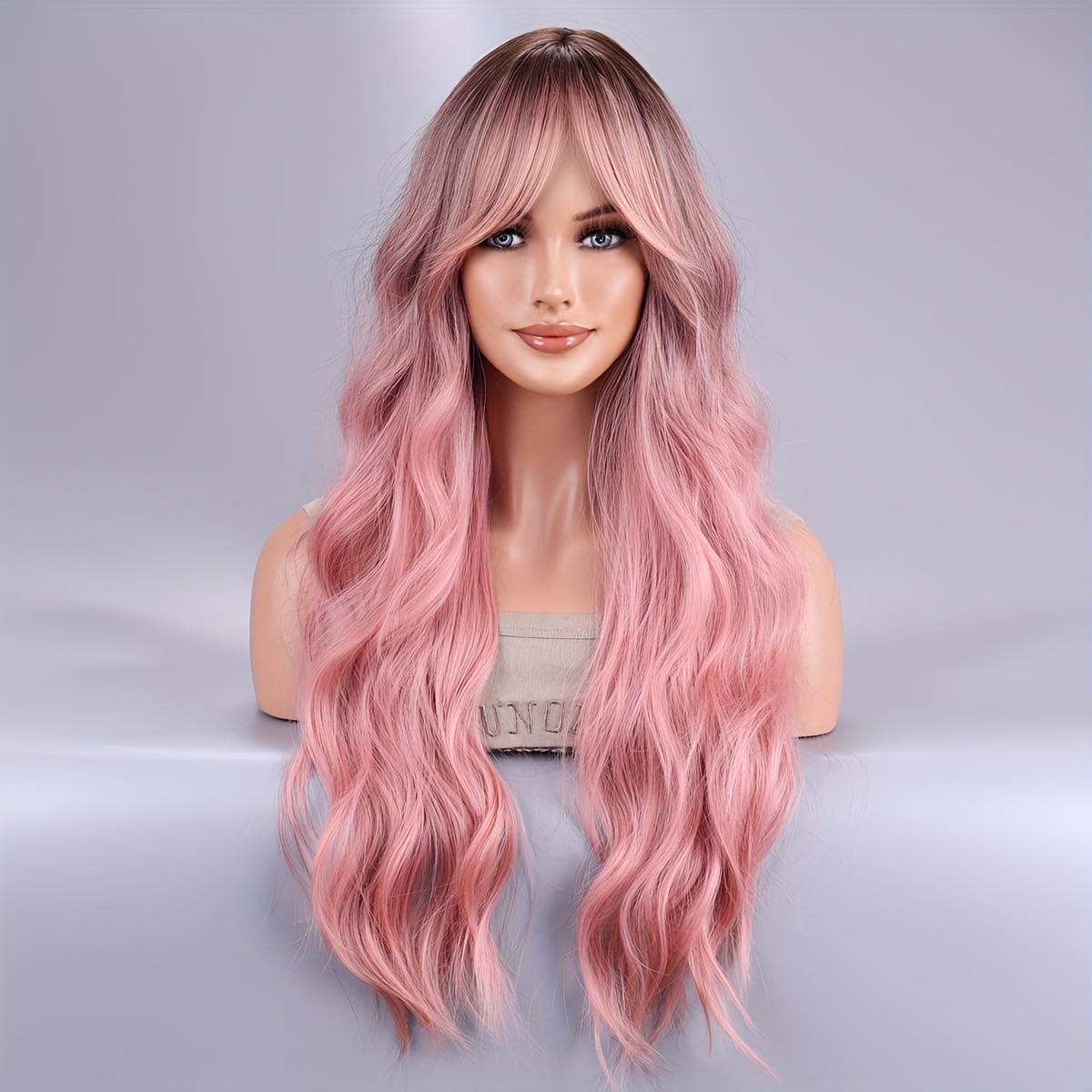 

Pink Wig With Bangs Natural Long Curly Wig For Women Heat Resistant Fiber Synthetic Wig For Daily Cosplay