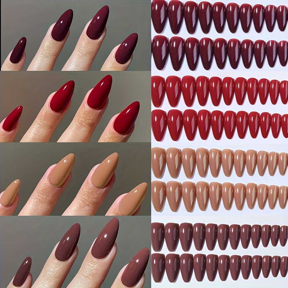 TEMU 96pcs/-long Almond Shaped Fake Nails Set, Full Coverage Solid Color Glossy Stickers Combo, Removable And Reusable Press-on False Nails For Women