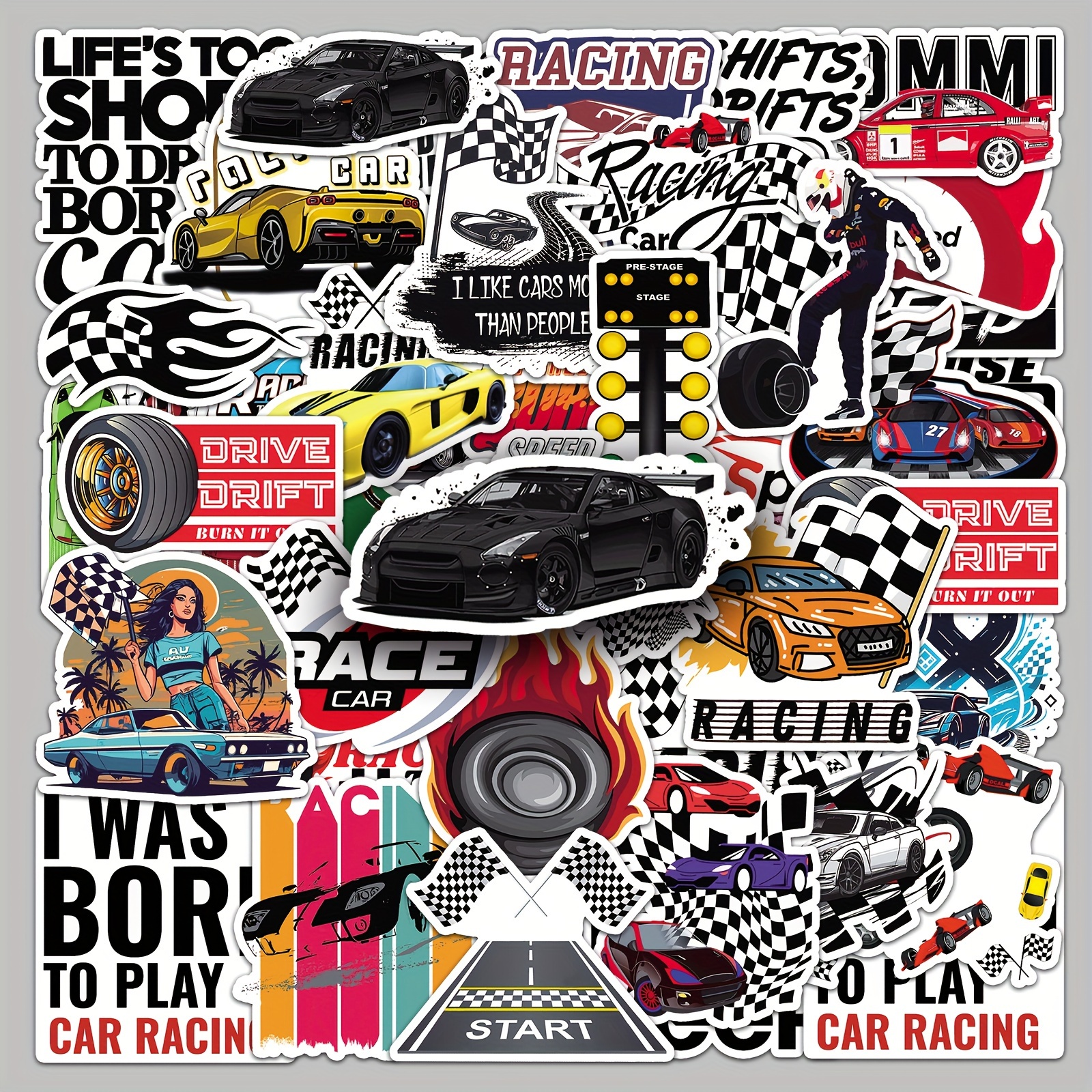 

Racing Themed Stickers Set Of 50, Paper Adhesive Decals, Assorted Car & Designs For Skateboard, Laptop, Car, Bike Decoration, Cartoon Graffiti Stickers For Diy Crafts