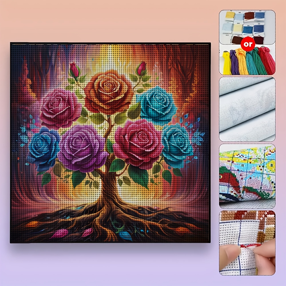 Frameless Stitch Printed Kit, Rainbow Rose Tree Pattern
