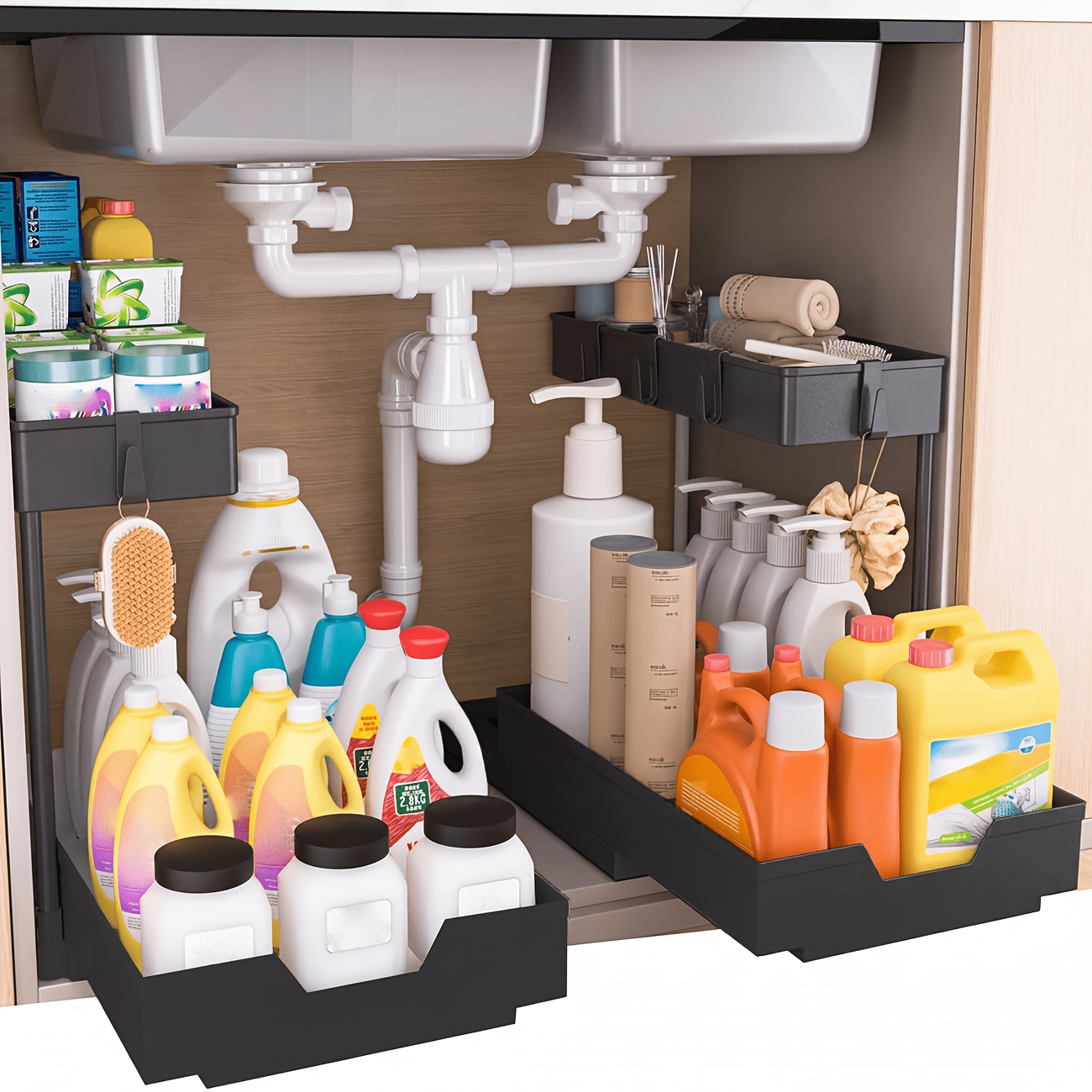 TEMU 2pcs Large-capacity Under-sink Storage Rack, Kitchenware, Bathroom Organizer & Storage Solution, Double-layer Sliding Cabinet Basket Storage