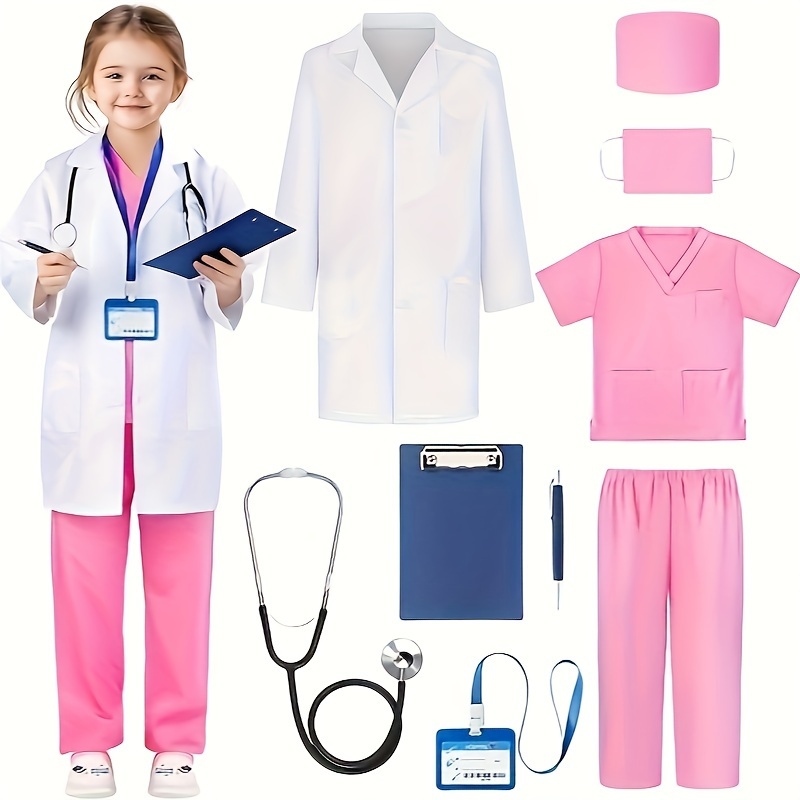 

9pcs/set Doctor Costume For Kids, Kids Scrubs Halloween Costumes For Girls Boys Kit Pink/rose/green