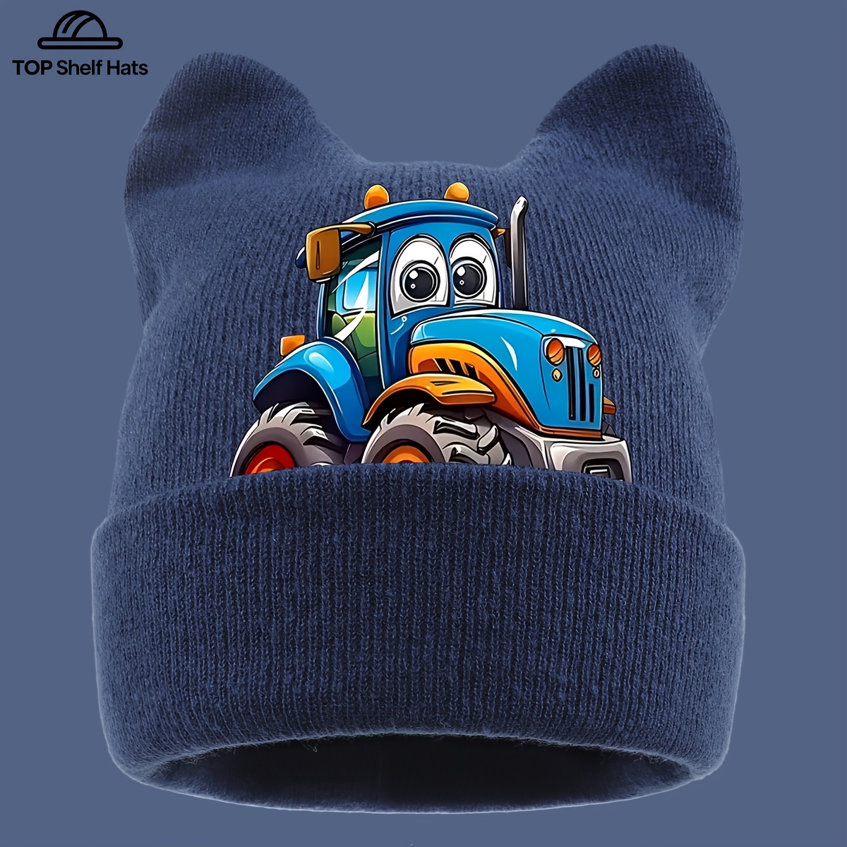 TEMU 1pc Cute Cartoon Printed Design Ear Hat, Fun Construction Vehicle Pattern Warm Hat For Men And Women, Stylish And Adorable Winter Hat With Ear