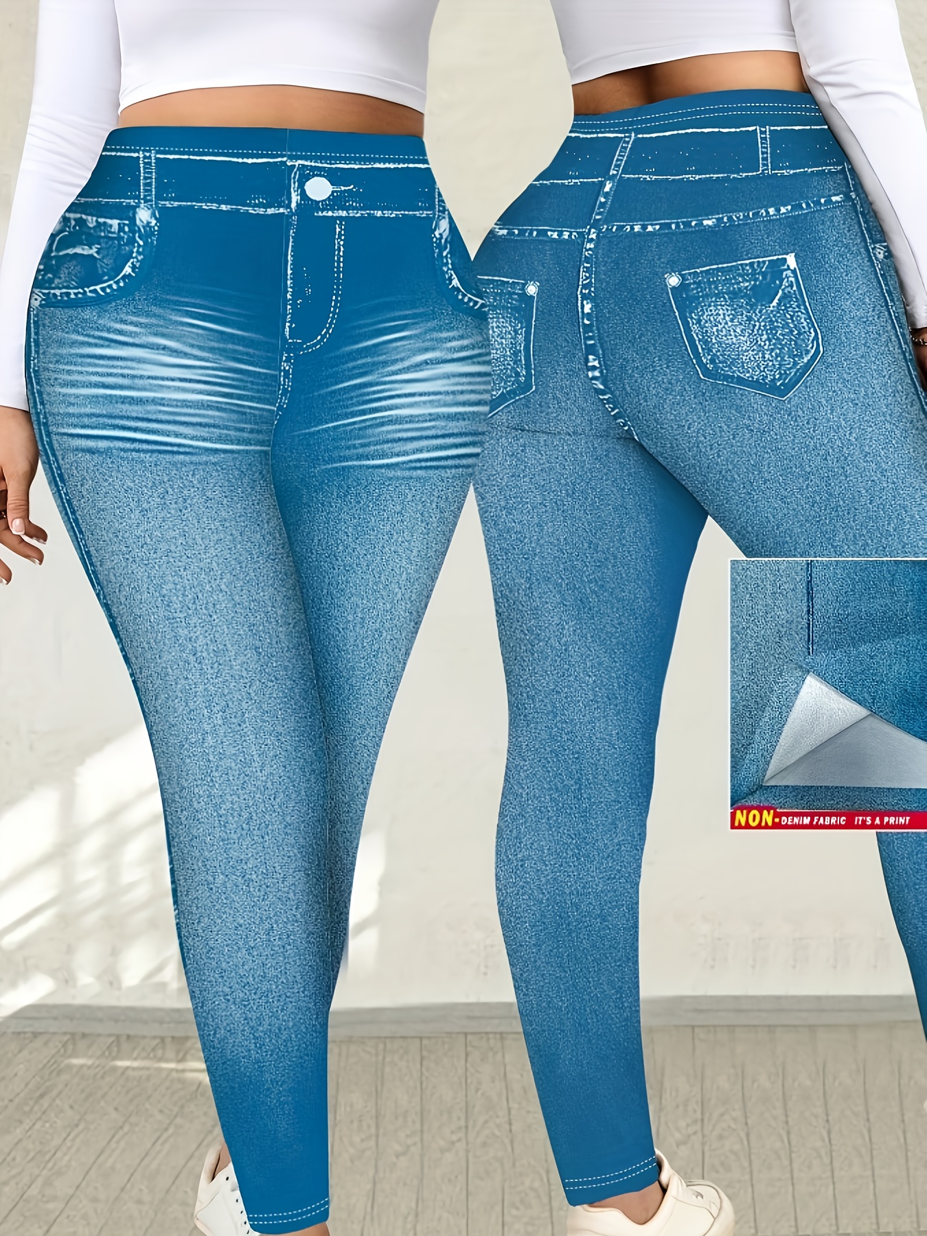 [Pantalon Imprimé - Non en Denim] Grande Taille - [Pantalon Imprimé - Non en Faux Denim] Grande Taille - Leggings Grande Taille avec Impression Numérique Effet Denim, Pantalons Longs, Non en Faux Denim