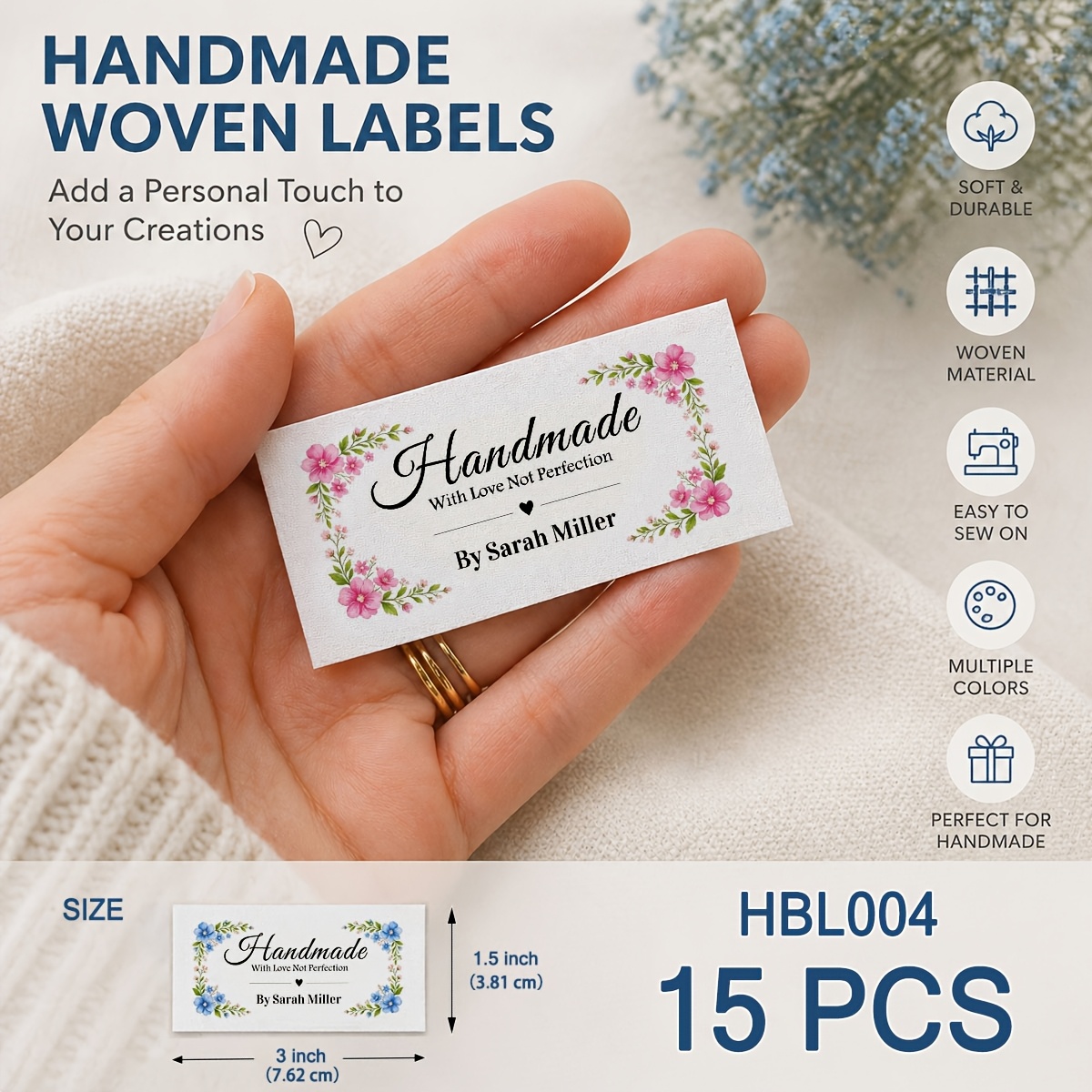 TEMU Custom Personalized Sewing Labels-handmade Floral Fabric Tags, Iron-on Or Sew-on. Customizable Text, Ideal For Name Tags, Blankets, Quilts,