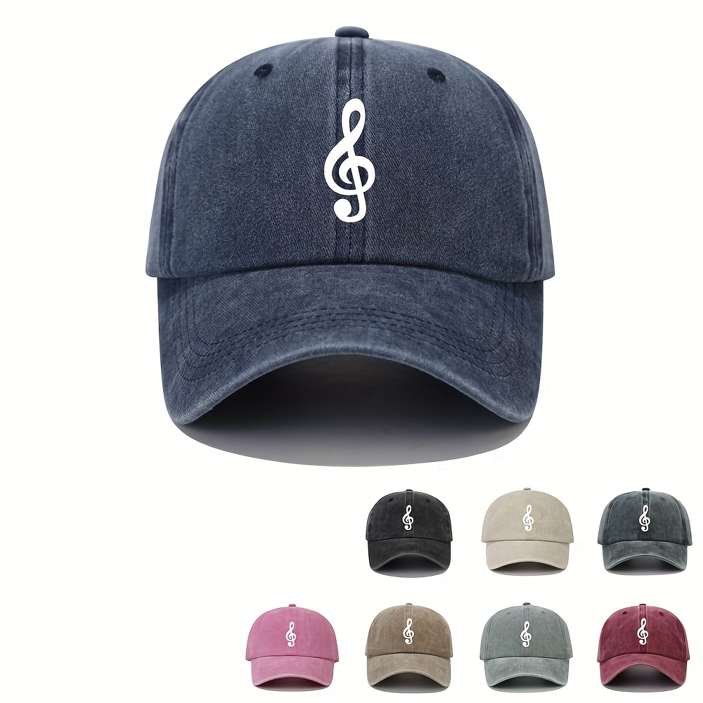 

1pc Adjustable Size Washed Cotton Baseball Cap With Musical Note Pattern Print, Fashionable And Casual Curved Brim Sun Hat For Outdoor Activities