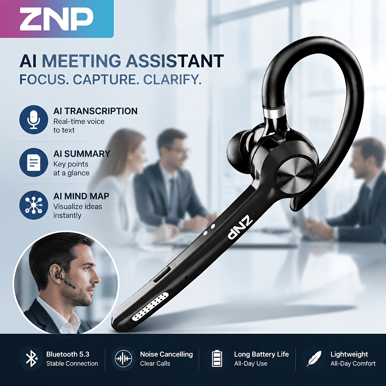 Image of Znp N06 Bluetooth Headphones | Real- Translation, Call Recording With Translation , And Mute-perfect For Business, Office, And Travel Communication.