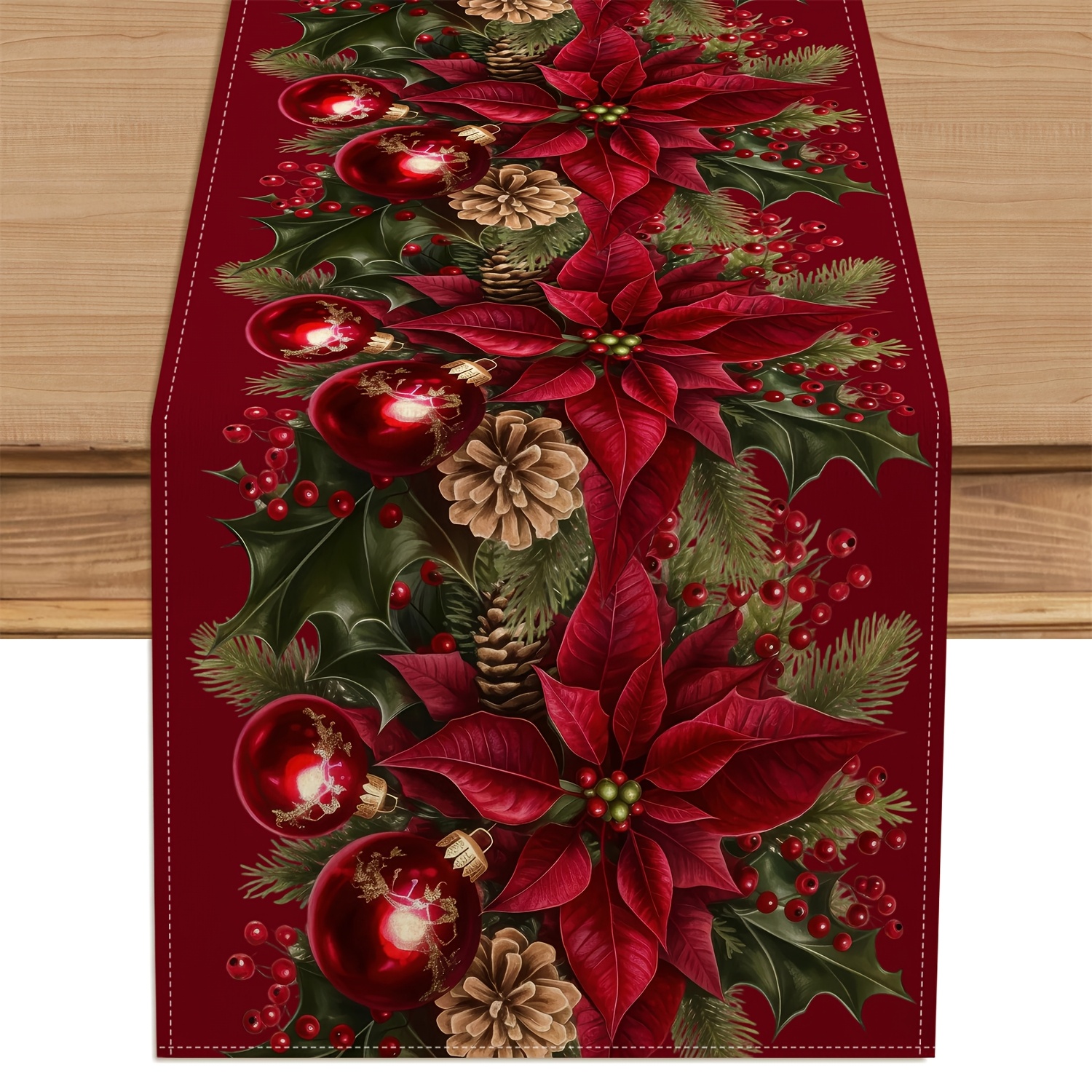 TEMU 1pc Christmas Table Runner, Dark Red Poinsettia Christmas Balls Pinecones Pine Branches Design For Dining Table, Kitchen, Party Decor, Holiday