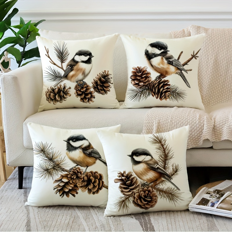 

Rustic Throw Pillow Covers, 4-pack, 18x18 Inch, Zipper Closure, Machine Washable, Woven Polyester, Floral Bird & Pine Cone Design For Holiday Decor - No Insert